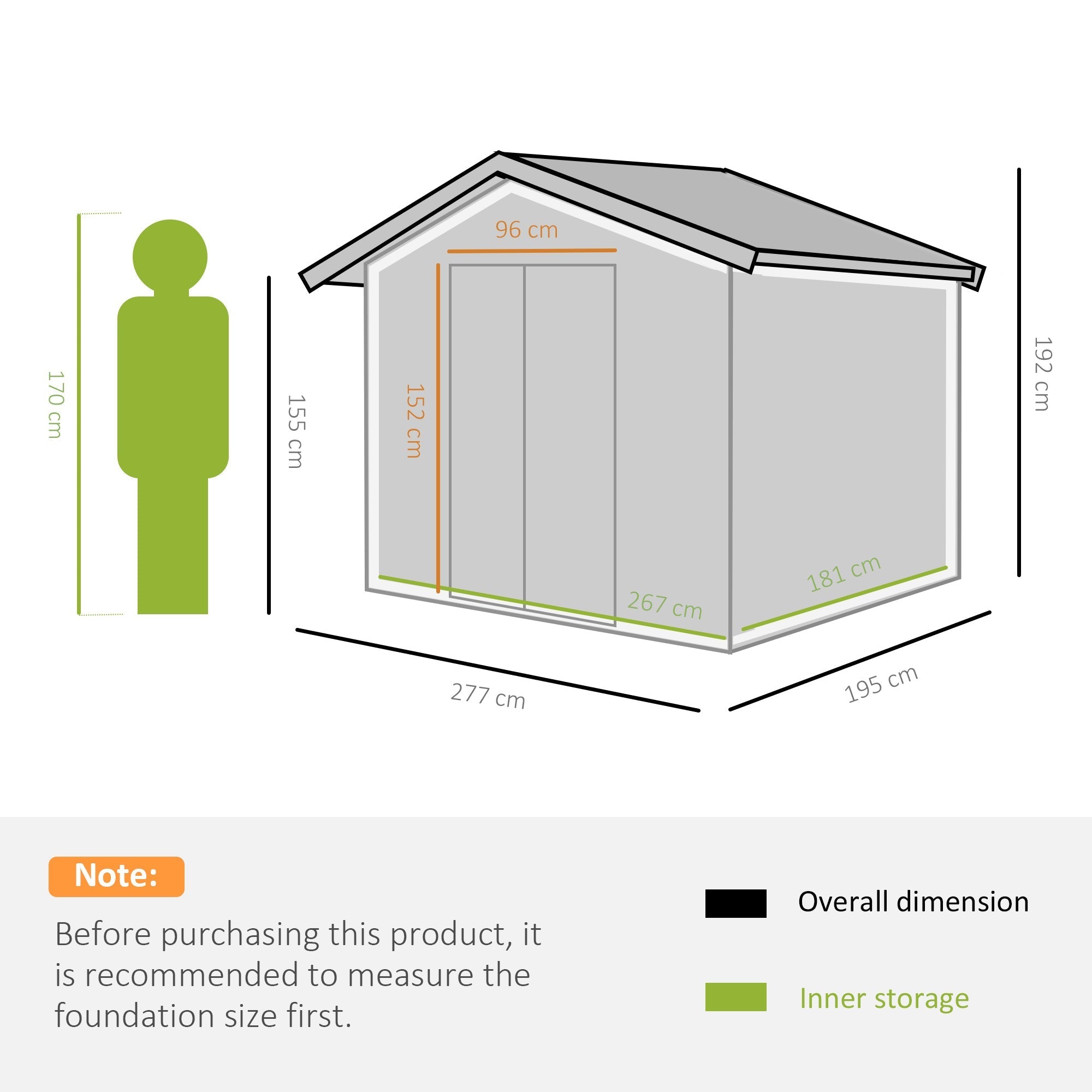 Outsunny garden house with double sliding doors, in steel and pp, 277x195x192cm, silver - Borgè