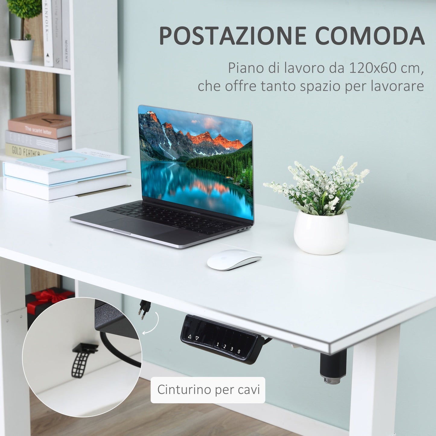 White Office Desk | Electrically Adjustable at 3 heights | 120x60x74.5-114.5cm