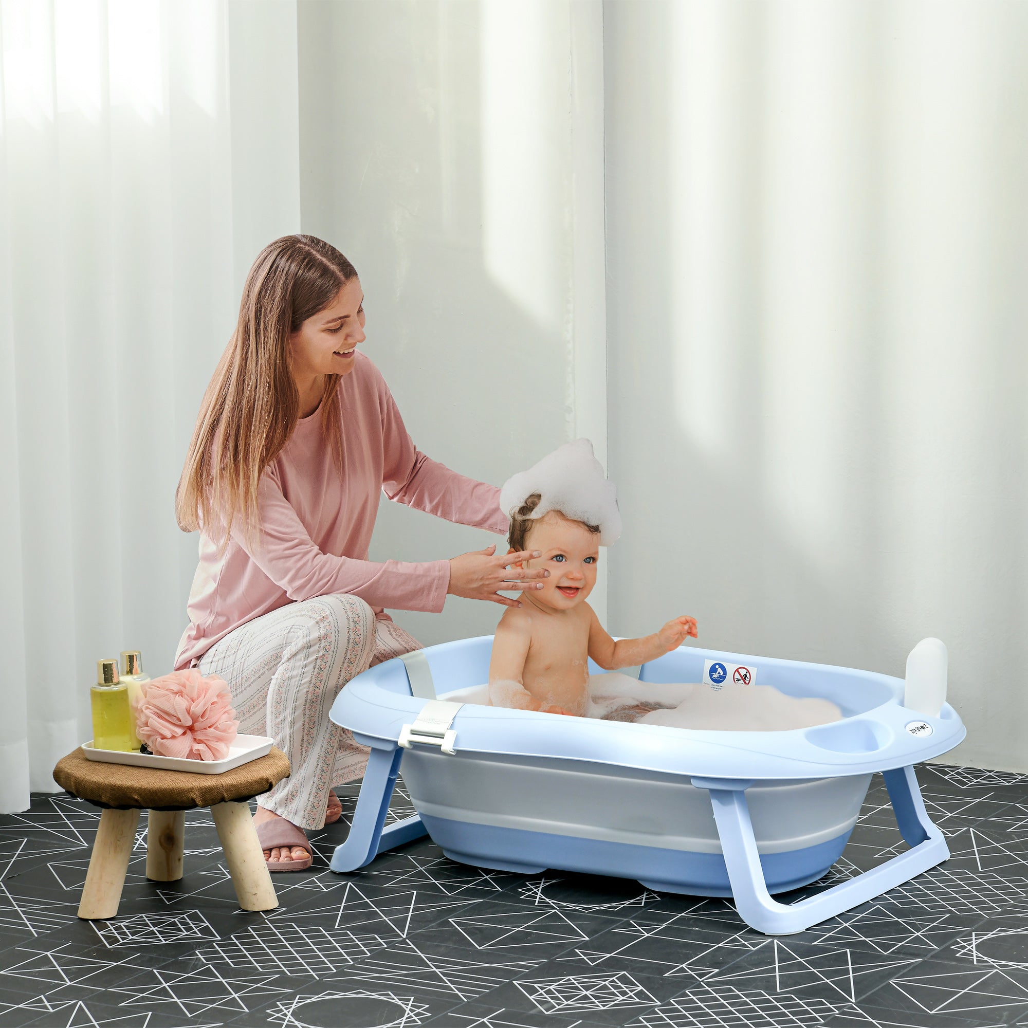 Zonekiz tonted battle bath children 0-6 years with pillow and 2 shelves, 83x48x23.5 cm, blue and white - Borgè