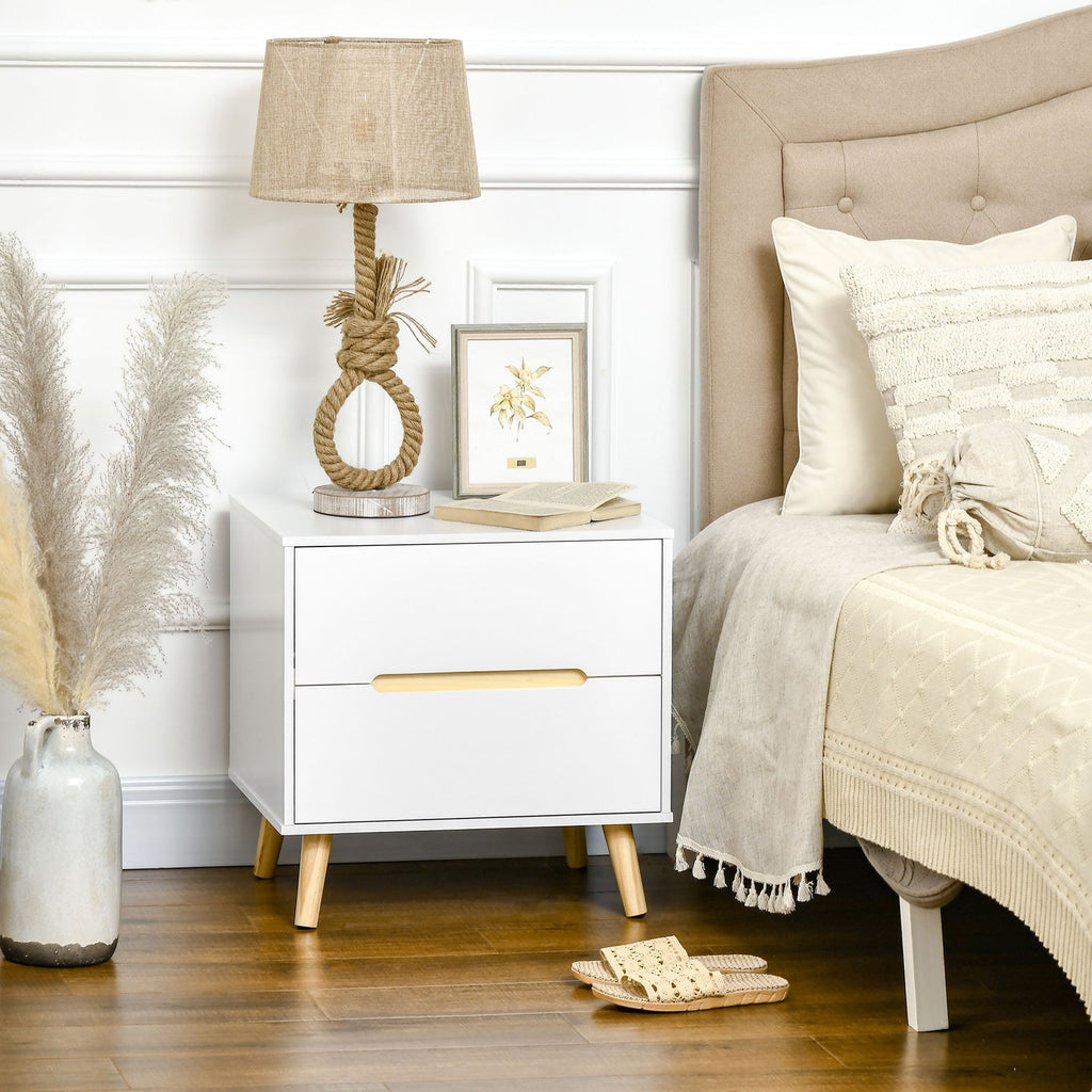 Modern bedside table with 2 trooped drawers and pine wooden legs, 50lx40px50.5a cm, white - Borgè