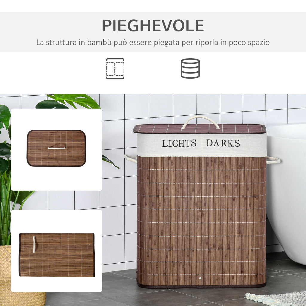 Bamboo basket 100l with 2 compartments, lid and handles, 52x32x63cm - brown - Borgè