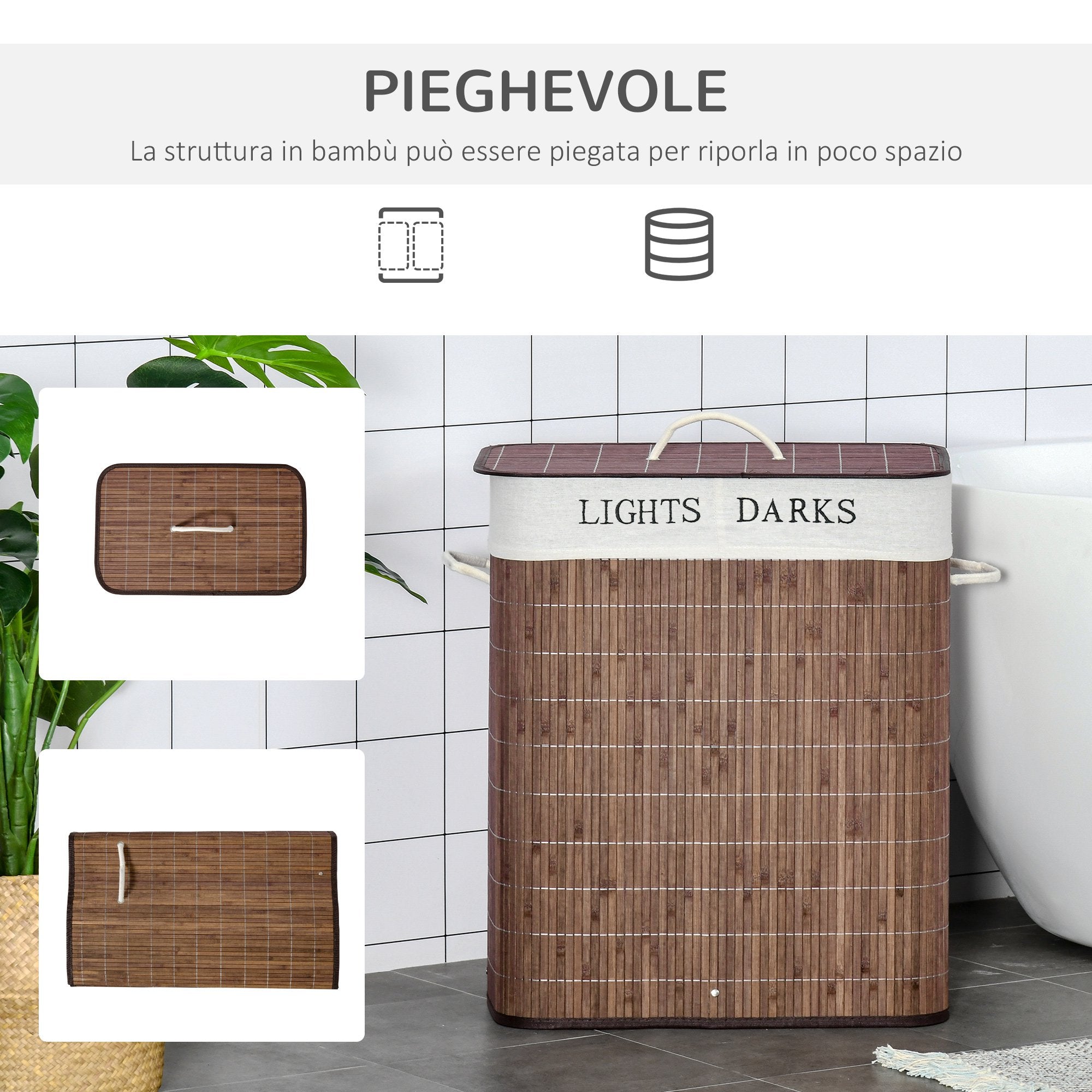 Bamboo basket 100l with 2 compartments, lid and handles, 52x32x63cm - brown - Borgè