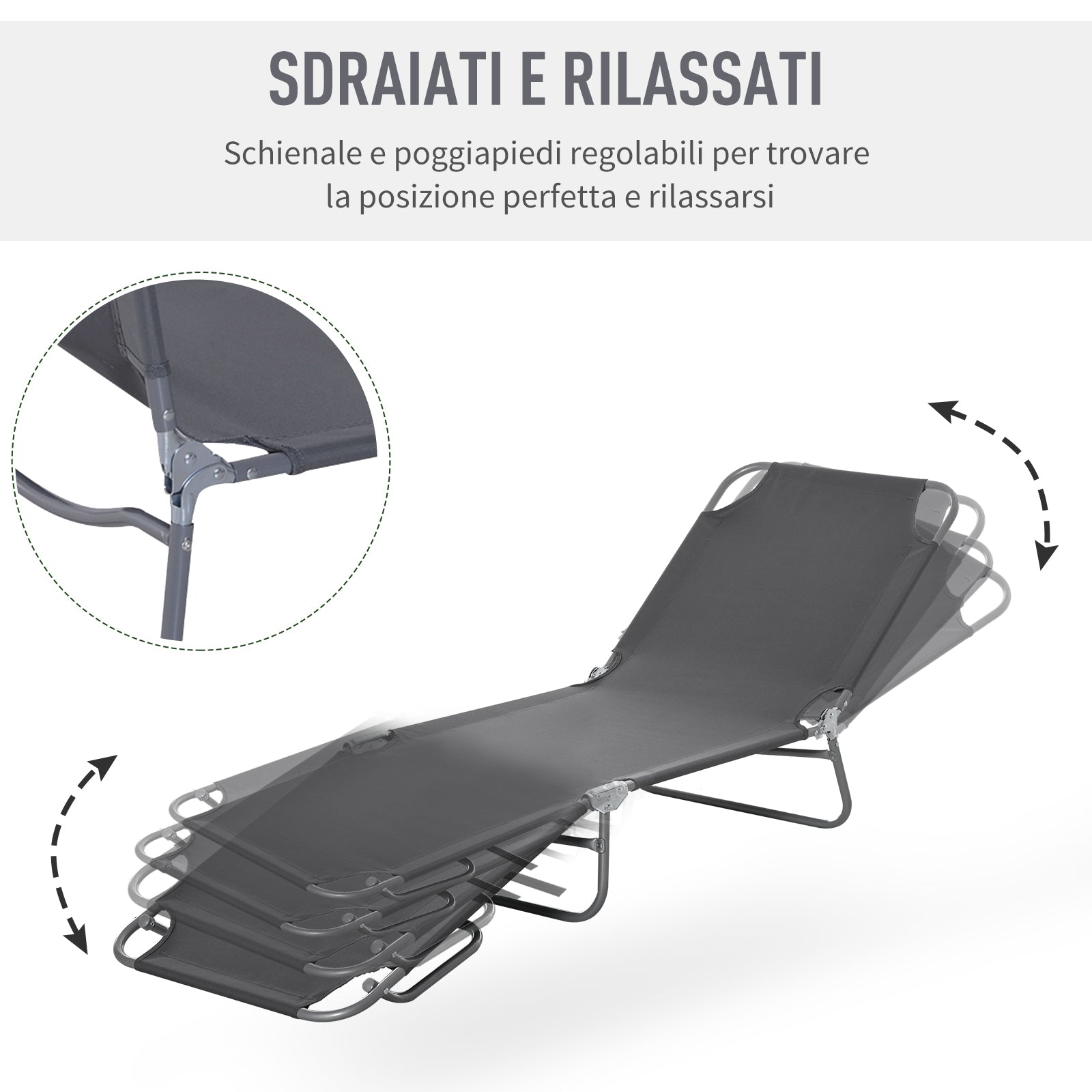 Garden Lounger with 5-Position Adjustable Backrest, Folding Metal and Oxford Fabric Lounger, 187x55x24cm, Grey - Borge' Group Limited