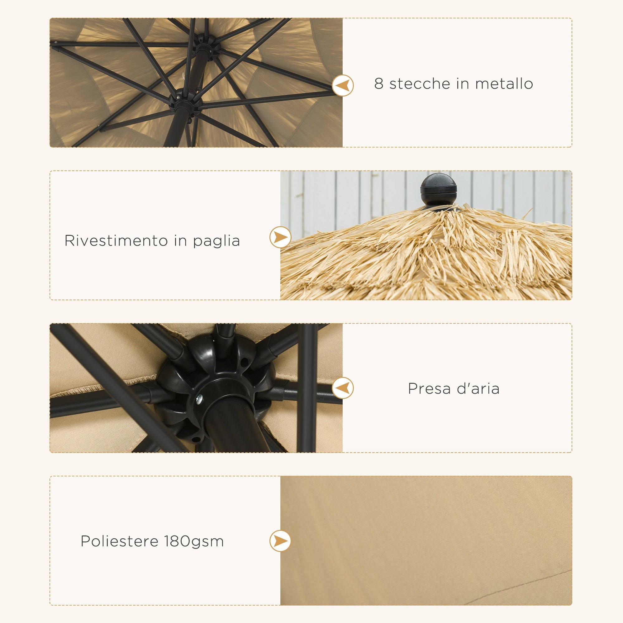 Round Garden Umbrella with Straw Cover and Crank, Ø265x250cm, Khaki - Borge' Group Limited