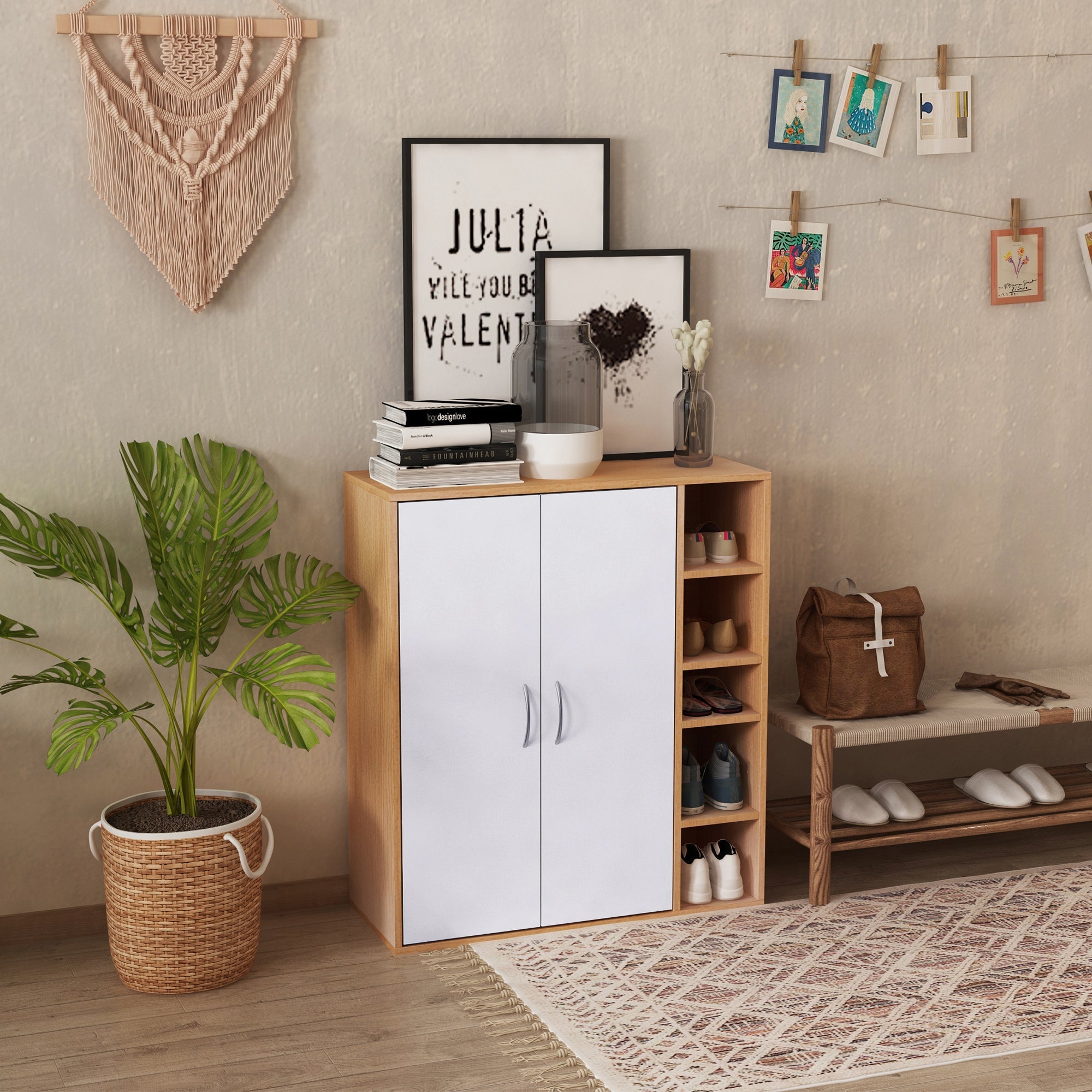 Multiuse cabinet with 2 adjustable shelves white and light wood adjustable shelves - Borgè