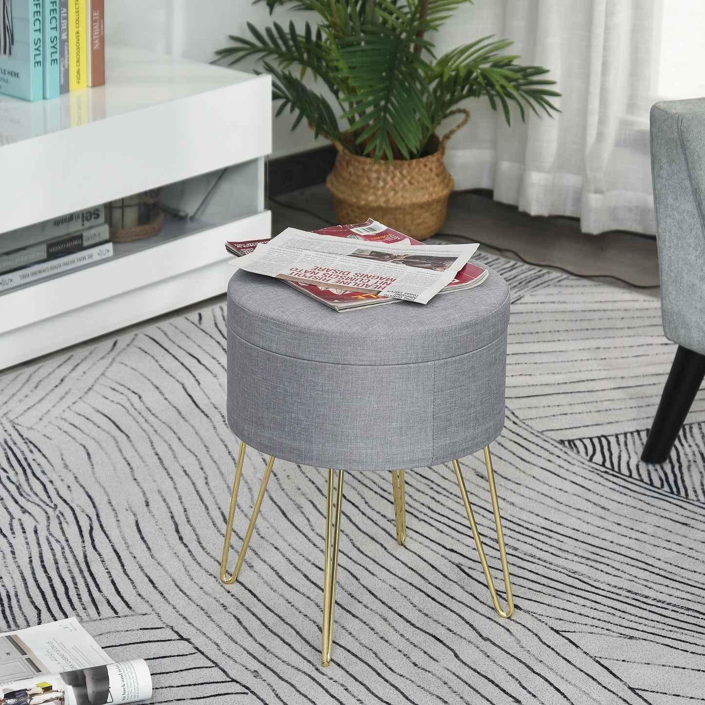 pouf container 2 in 1 with stool and table function, in wood and Grey fabric, metal with gold finish, 36x36x45cm - Borgè