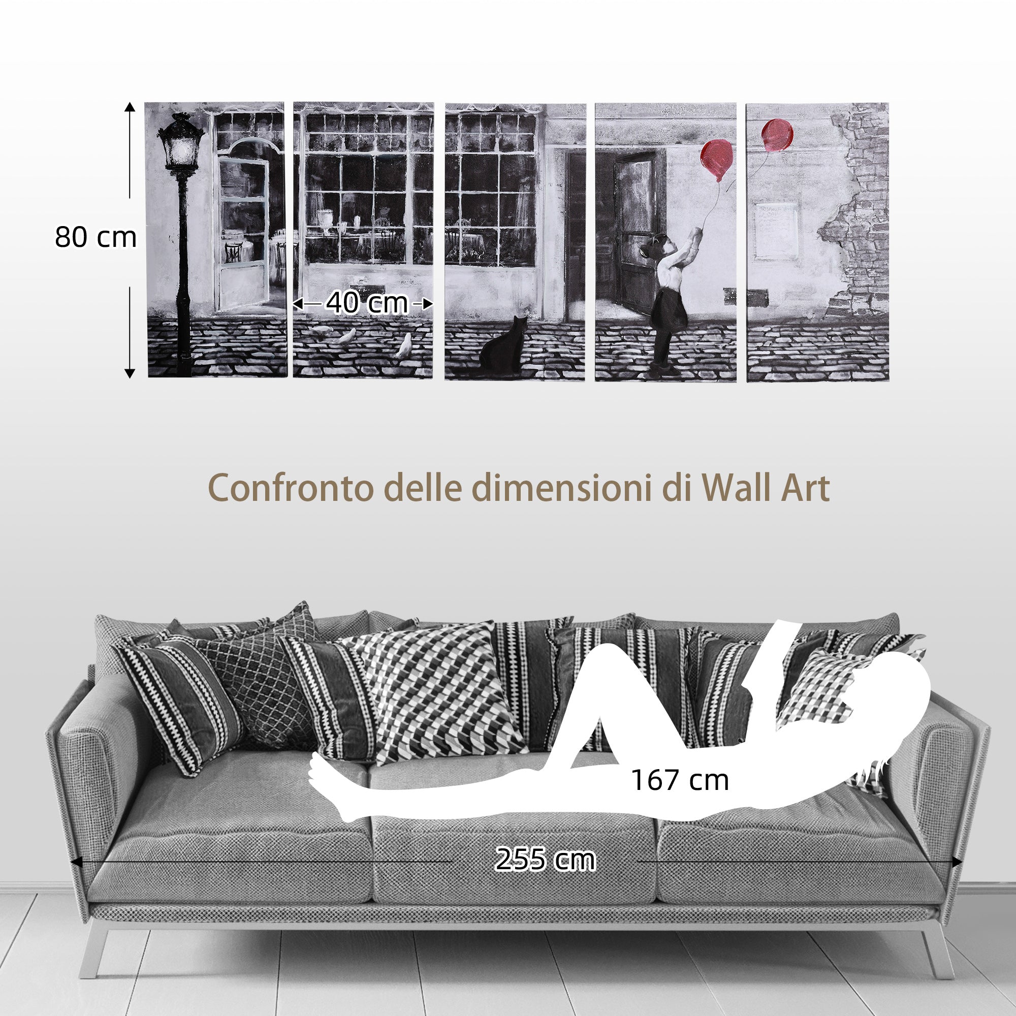 Canvas Print with Little Girl, 80x40cm, 5 Pieces for Home and Office, Pine Wood Canvas and Water-Based Paint, Black White Red - Borgè