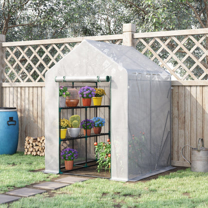 Outsunny Outdoor Garden Greenhouse in Steel and PE with 2 Shelves and Roller Door, 143x143x195 cm, White - Borgè