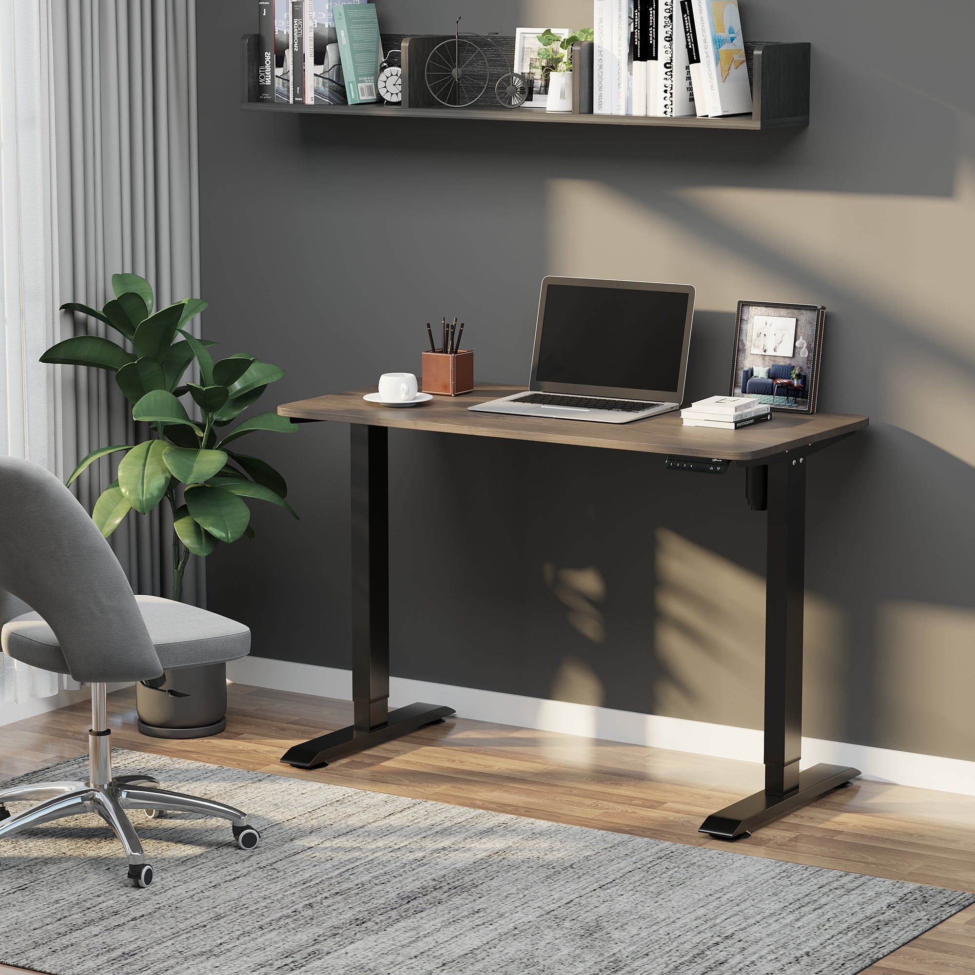 Height Lifting Desk with Anti-Collision Design, Electric Adjustment PC Desk, Black Metal Teak Wood - Borgè