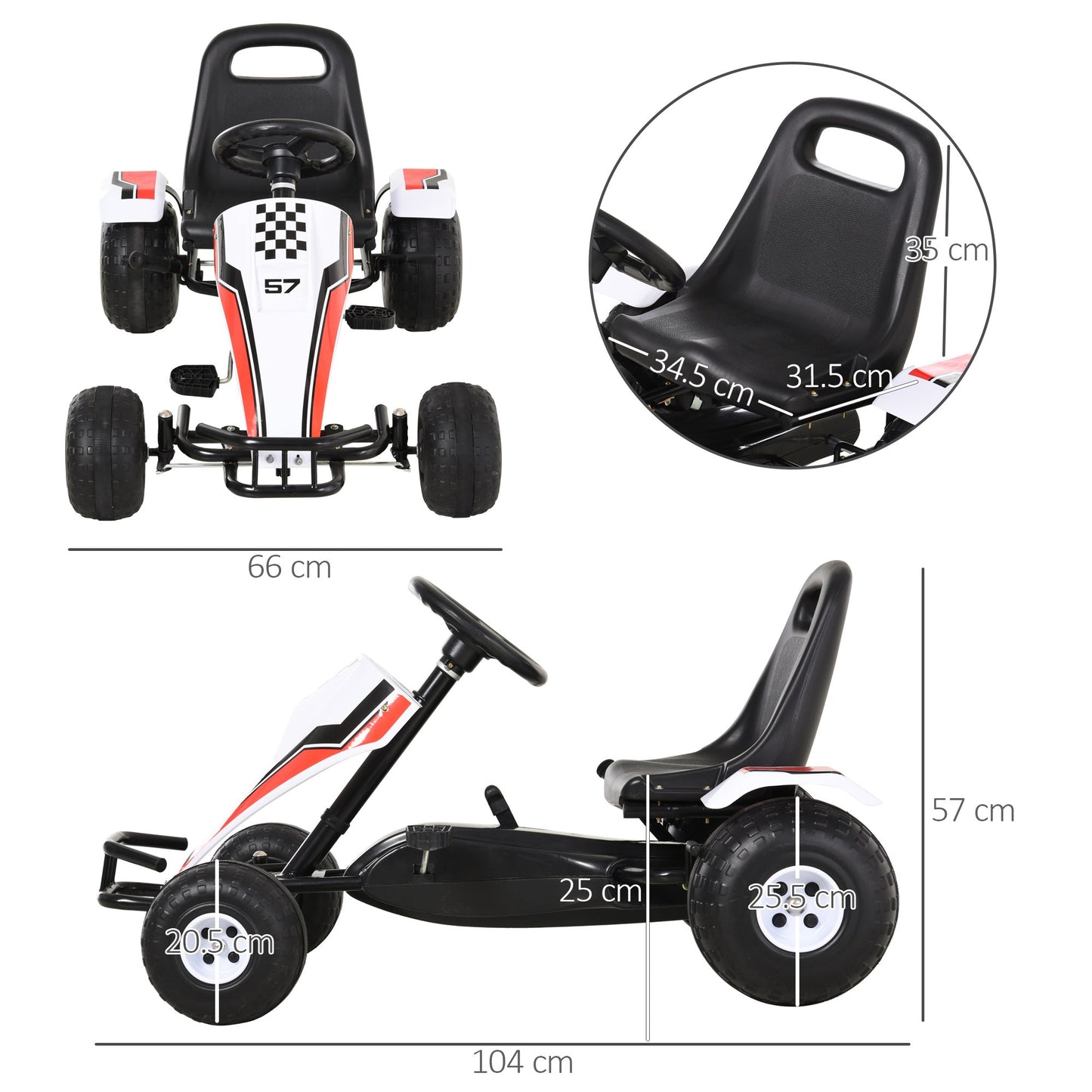 White Pedal Go-Kart for Children 3-8 Years with Adjustable Seat, Plastic Wheels, Handbrake and Gearbox - Borgè