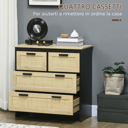 Homcom drawer 4 drawers in chipboard and rattan for living room and bedroom, 80x38x80 cm, black and wooden - Borgè