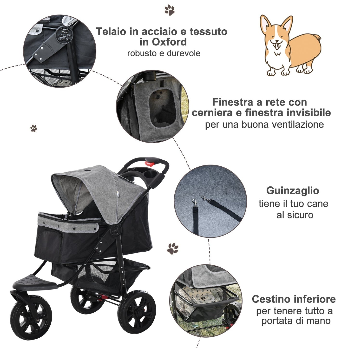 PAWHUT 3 -wheel folding dog stroller with brake, storage basket and bottle holder, in steel and oxford, Grey and black, 109.5x54.5x106.5cm - Borgè