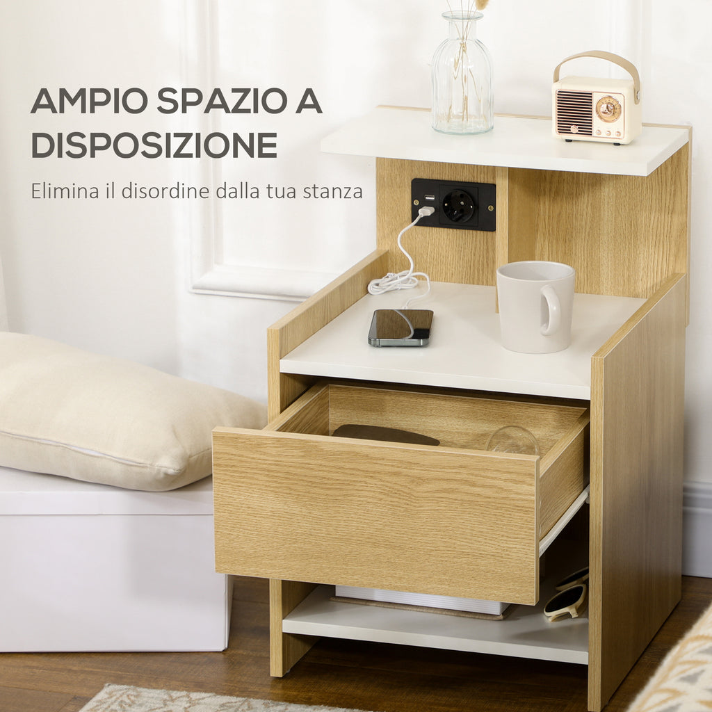 Homcom modern bedside table with 2 sockets and USB ports and a chipboard drawer, 40x40x60cm, wooden color - Borgè