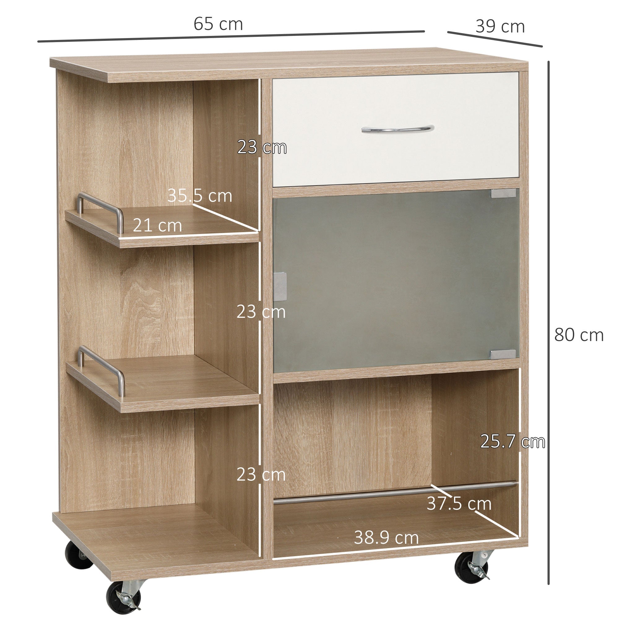 Kitchen Trolley spirits with drawer, shelves and wooden cabinet, steel and glass, 65x39x80cm - Borgè