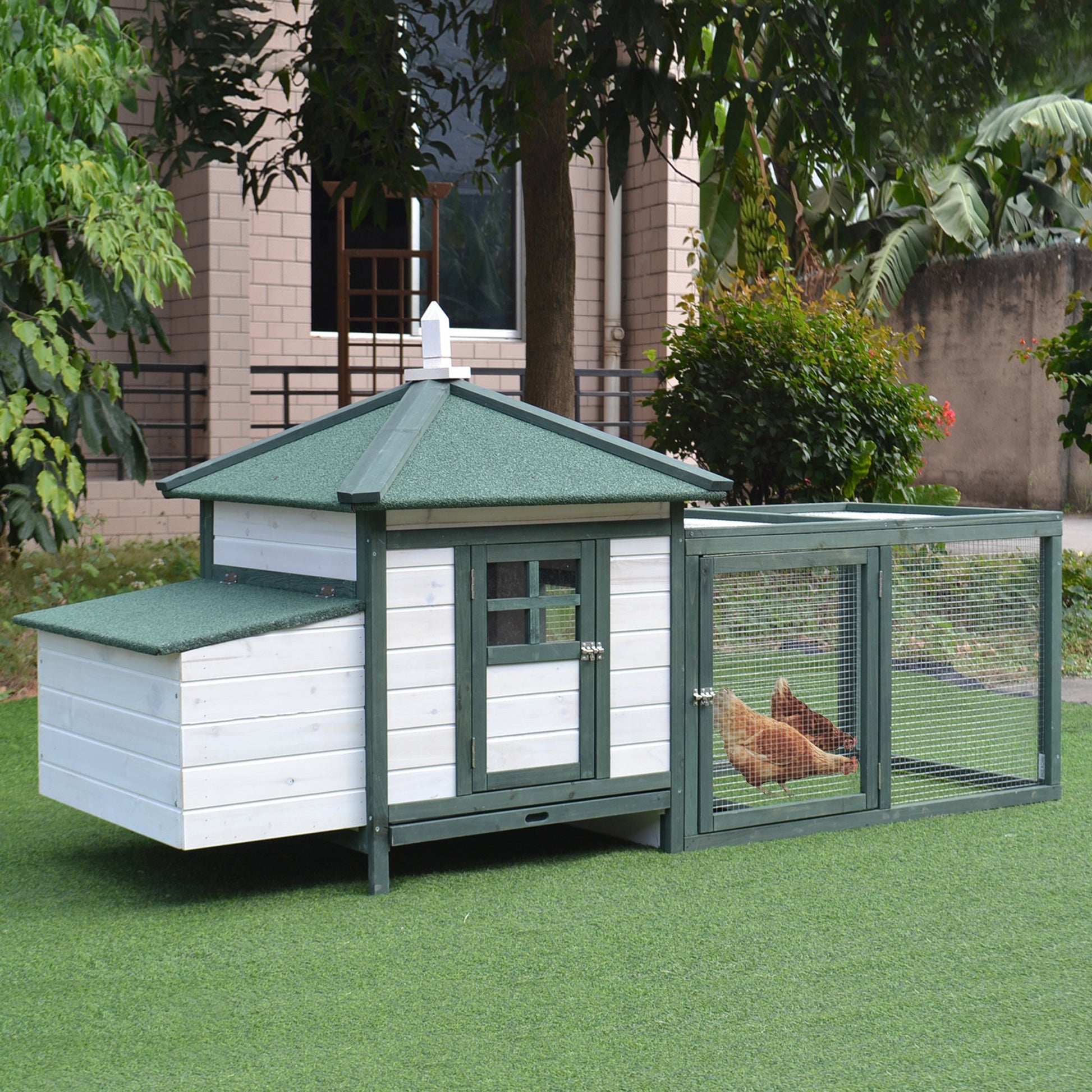 Pawhut Wooden Garden Chicken Coop 196x76x97cm - white/green - Borgè