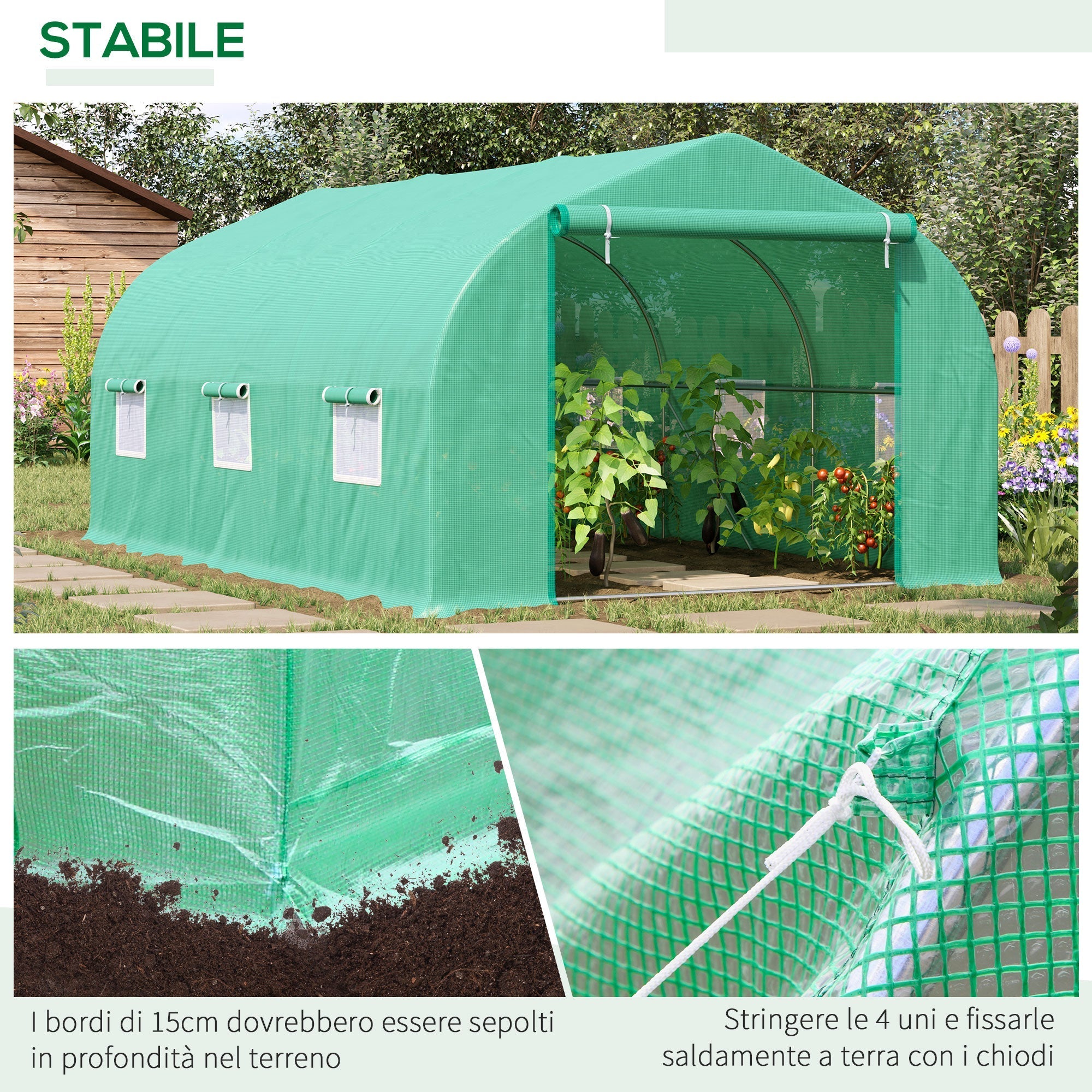 4.5x3x2m Tunnel Greenhouse for Vegetable Garden with Sloping Roof in PE and Steel Pipes Dark Green - Borge' Group Limited
