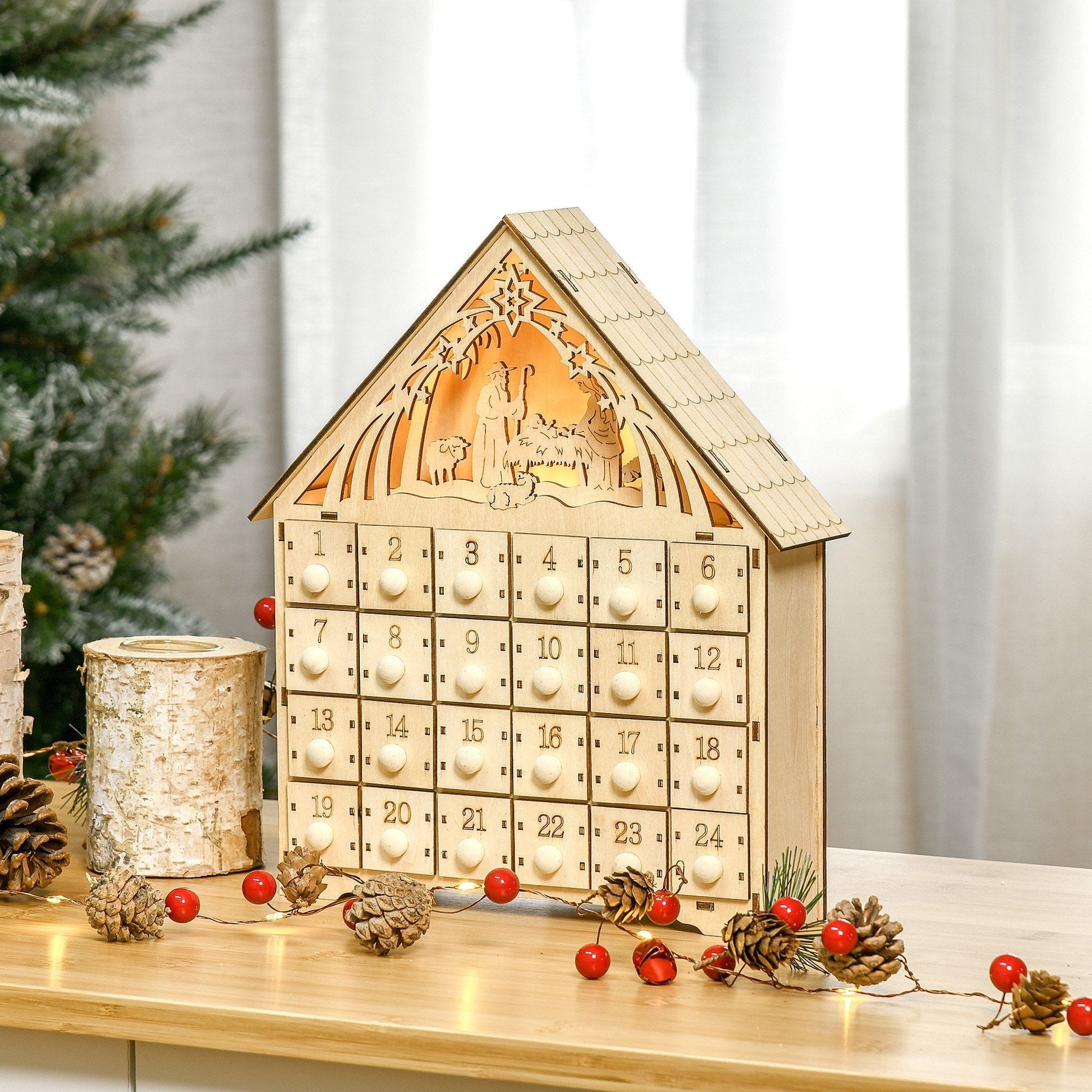 Wooden Advent Calendar with 24 drawers and carved crib 26.6x6x30cm - Borgè