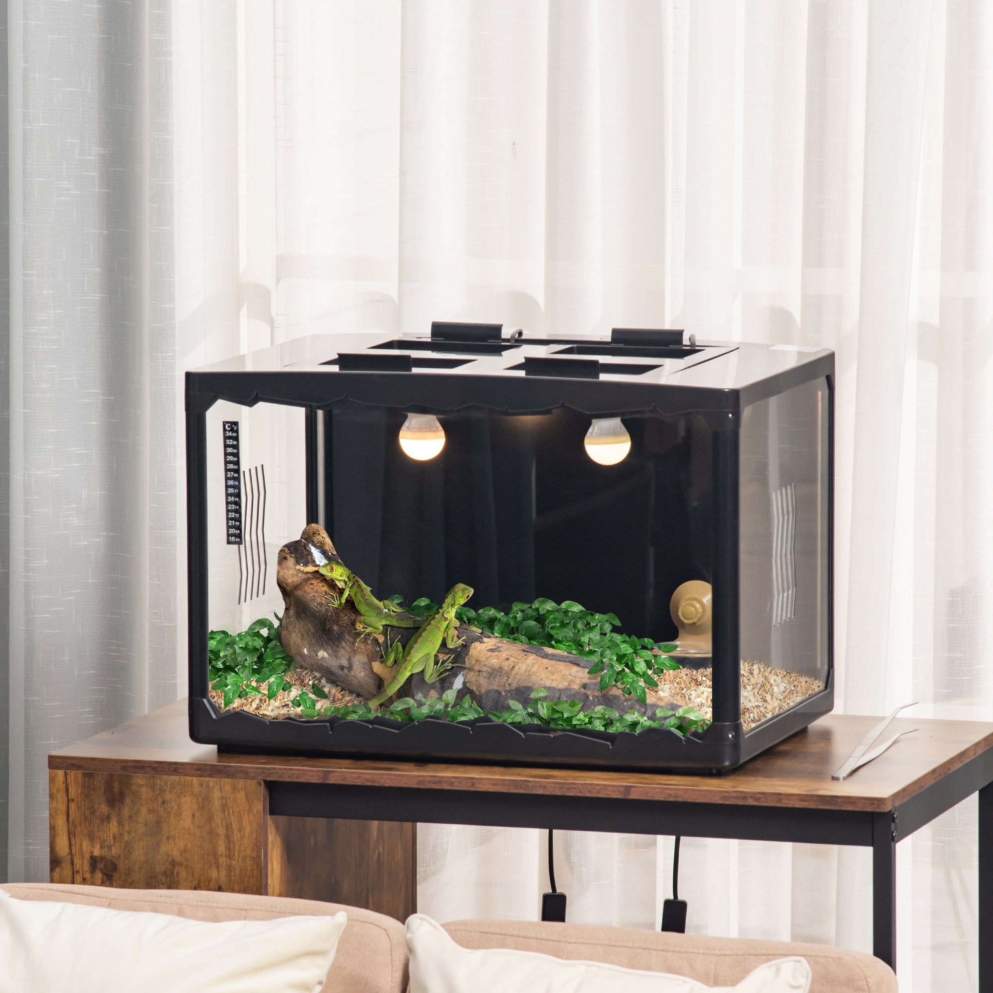 Terrarium for Tortoises and Reptiles with Thermometer 18-34℃, 60x40x40.5 cm, Black - Borge' Group Limited