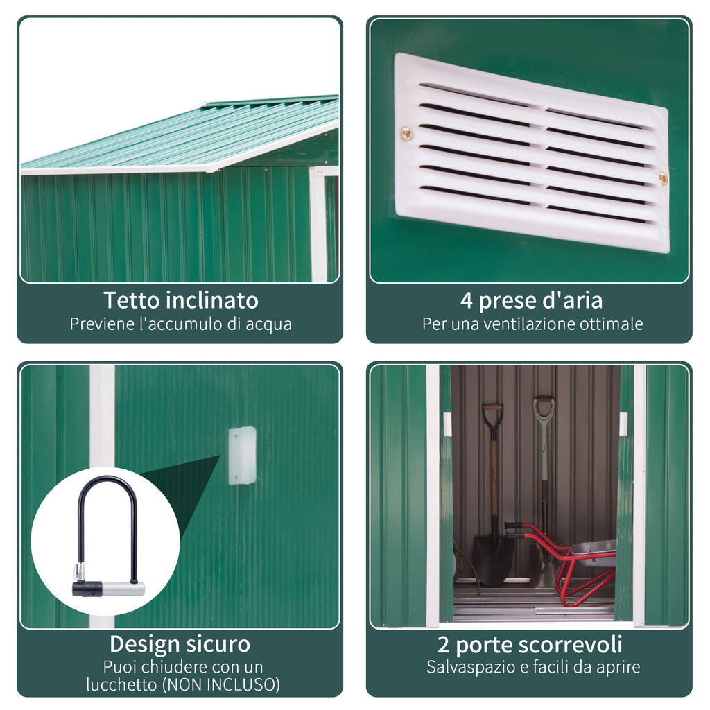 Garden Shed Tool Shed in Sheet Metal with Sliding Doors, 213x130x185cm, Green - Borge' Group Limited