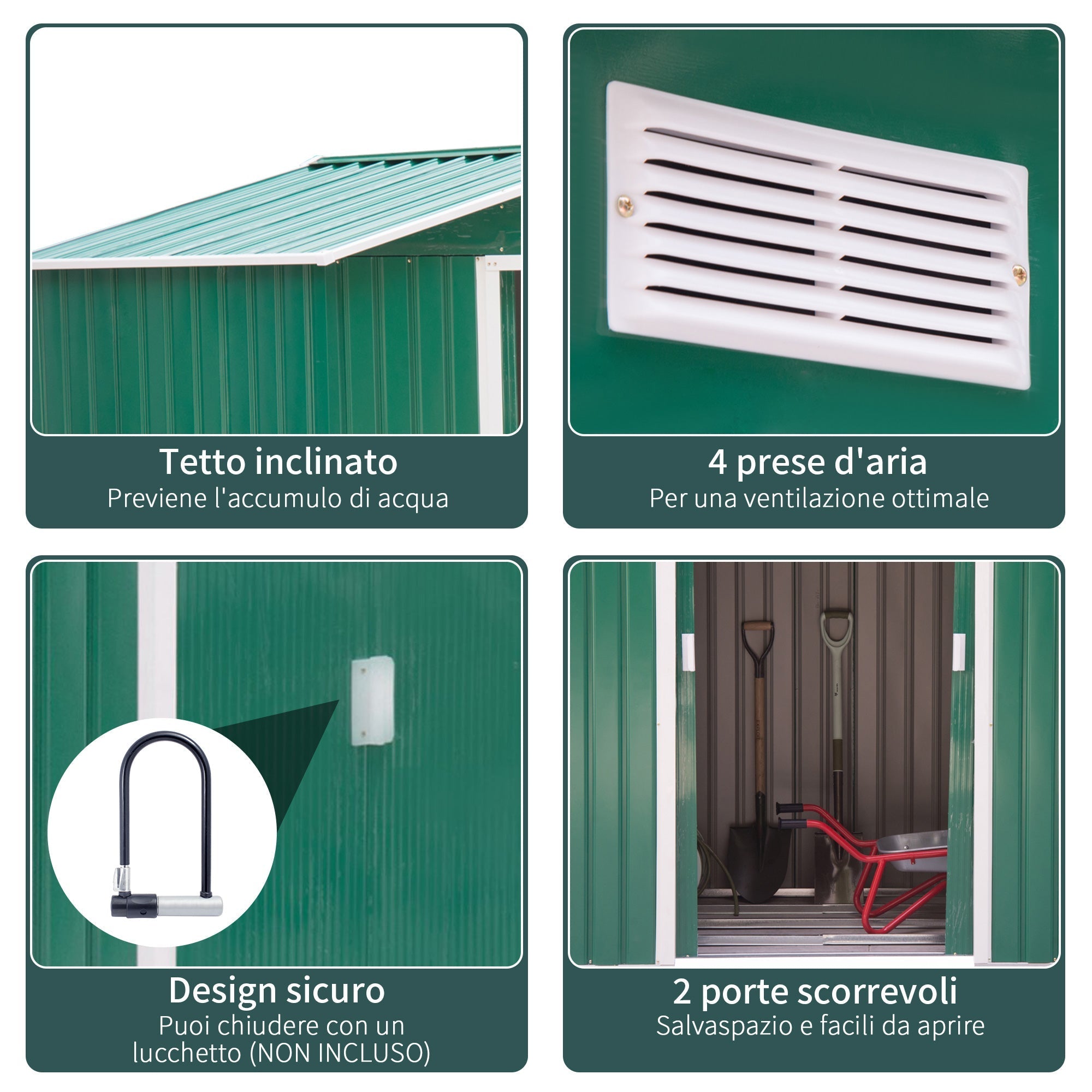 Garden Shed Tool Shed in Sheet Metal with Sliding Doors, 213x130x185cm, Green - Borge' Group Limited