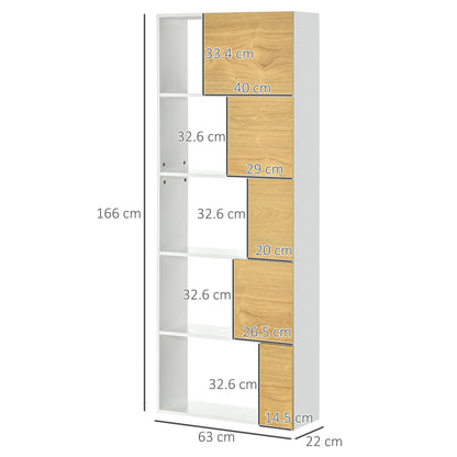 Homonda Modern Library with asymmetrical shelves and soft close doors, 63x22x166cm, white and natural