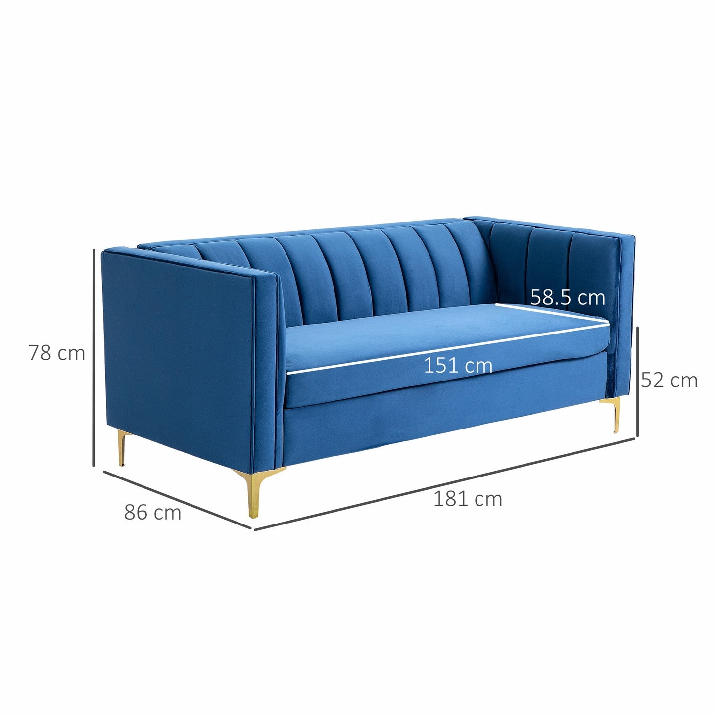 SOREA | Modern Blue Velvet 3 Seater Sofa with Golden Legs | 181x86x78cm