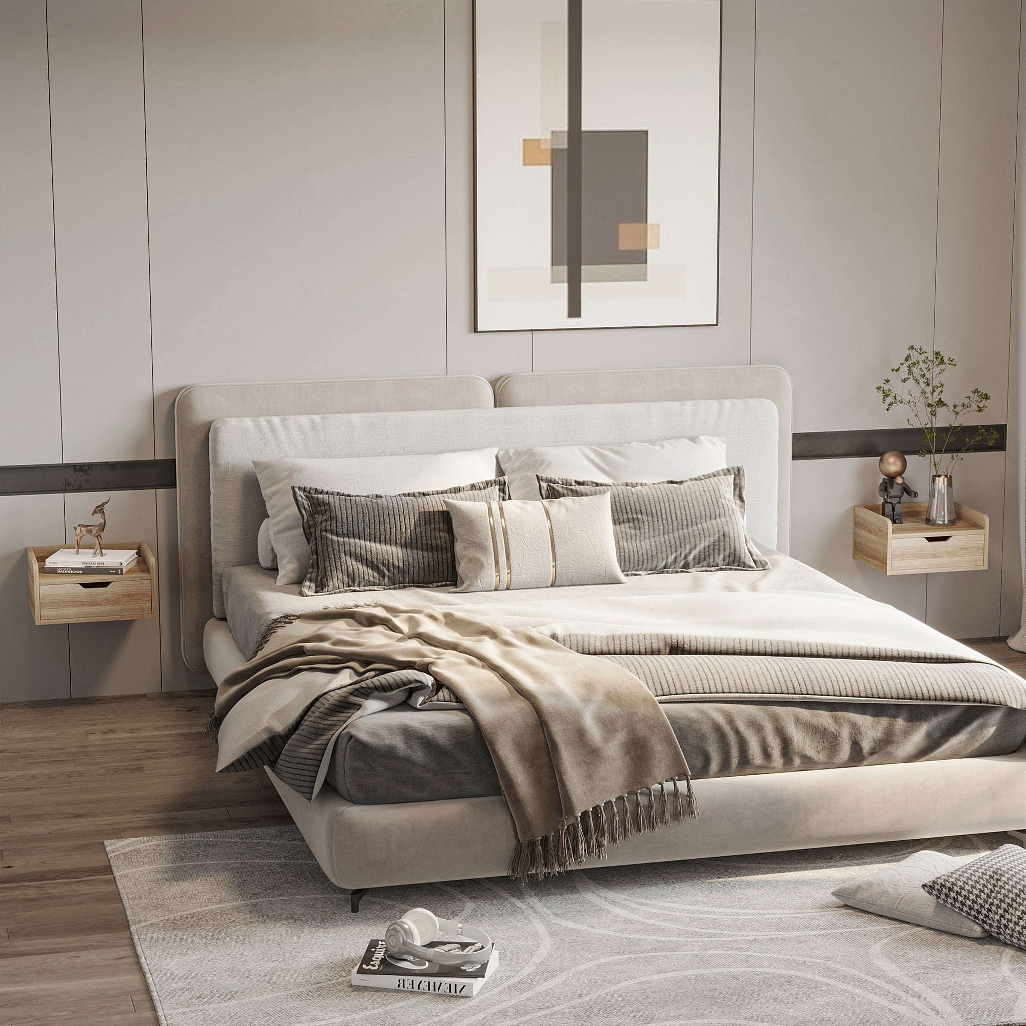 Set 2 bedside tables suspended in chipboard for bedroom and living room, 40x30x19.5 cm - Borgè