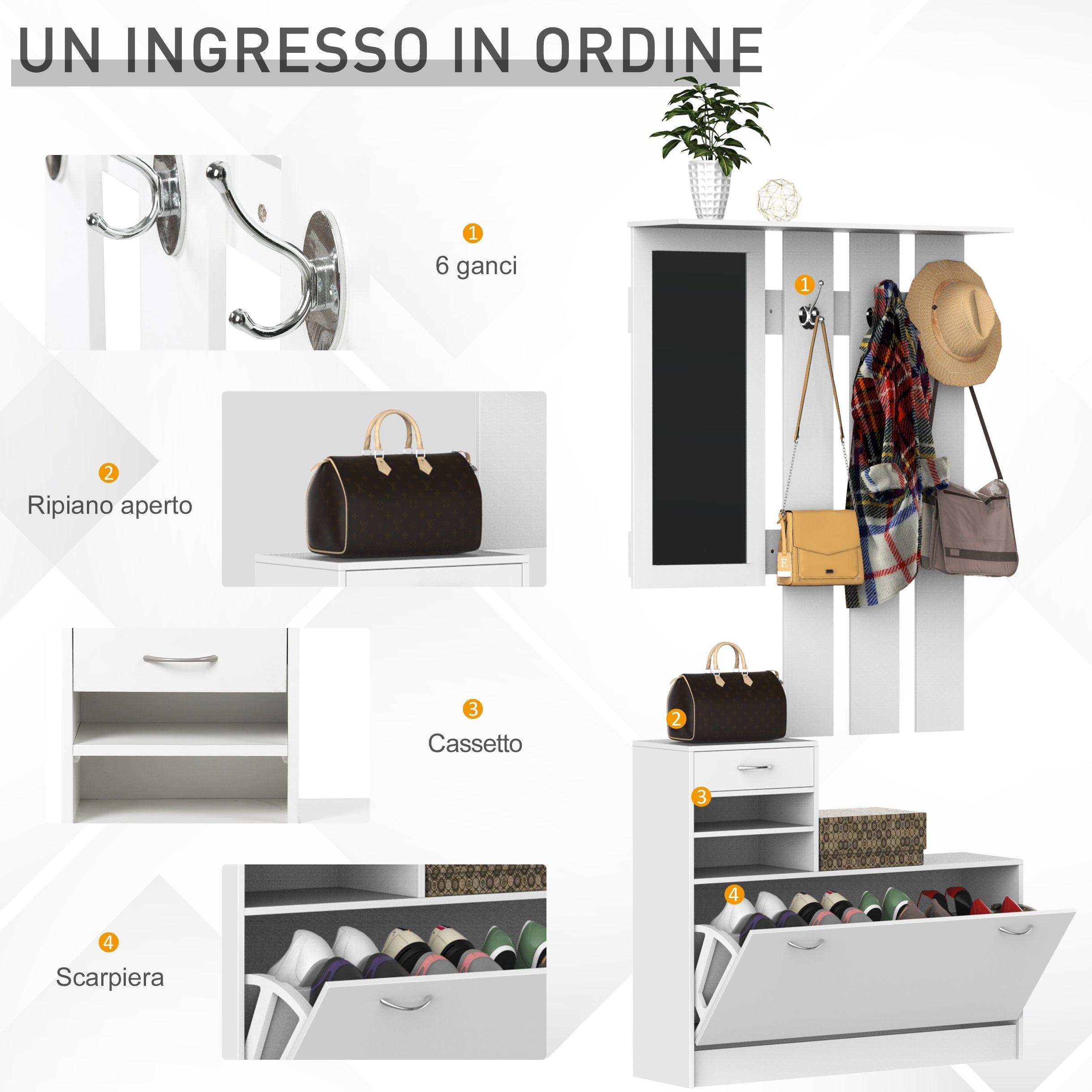 Homcom Modern Entry Mobile Wardrobe Set AppendaBiti, Mirror and Scarp 3 in 1, in white wood - Borgè