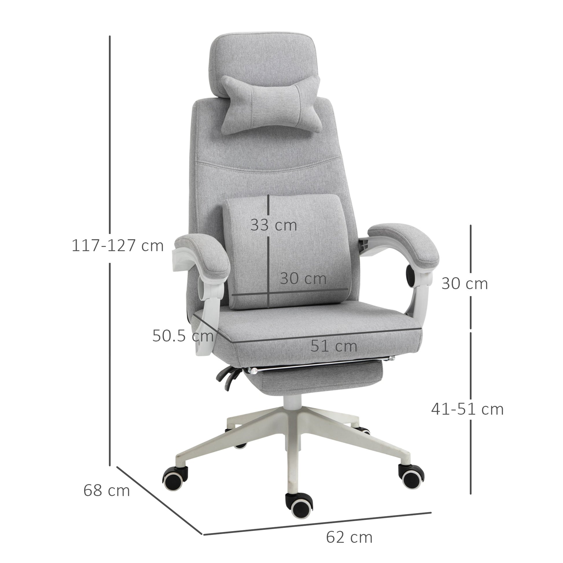 Ergonomic office armchair, lumbar cushion, pest and removable footrest, Grey 62x68x117-127cm - Borgè