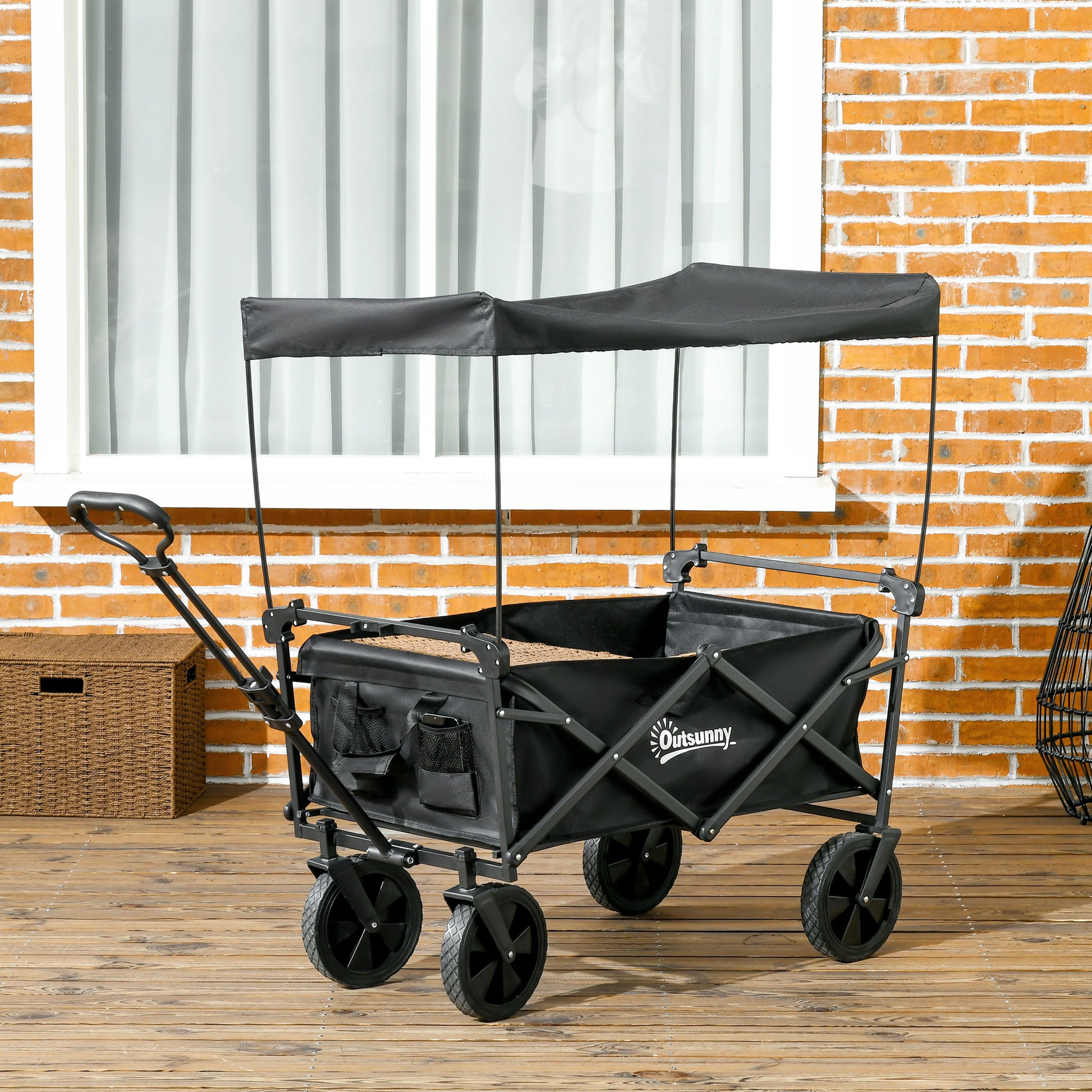 Outsunny garden trolley 110L with telescopic handle and steel roof and oxford fabric, black - Borgè