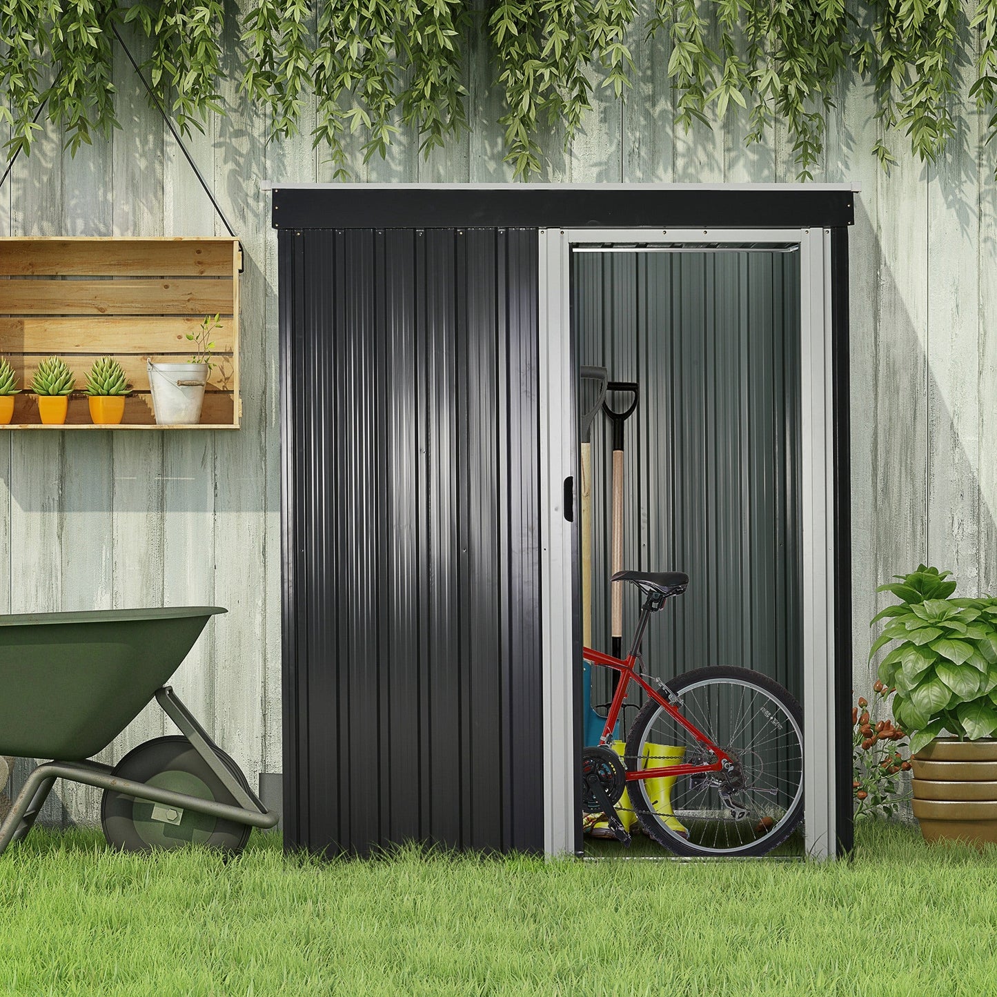 Outsunny Garden House Door Glass Lowworks in Steel Sheet, Steel Garden Shed with Sliding Doors, 163x89x182cm, Black - Borgè