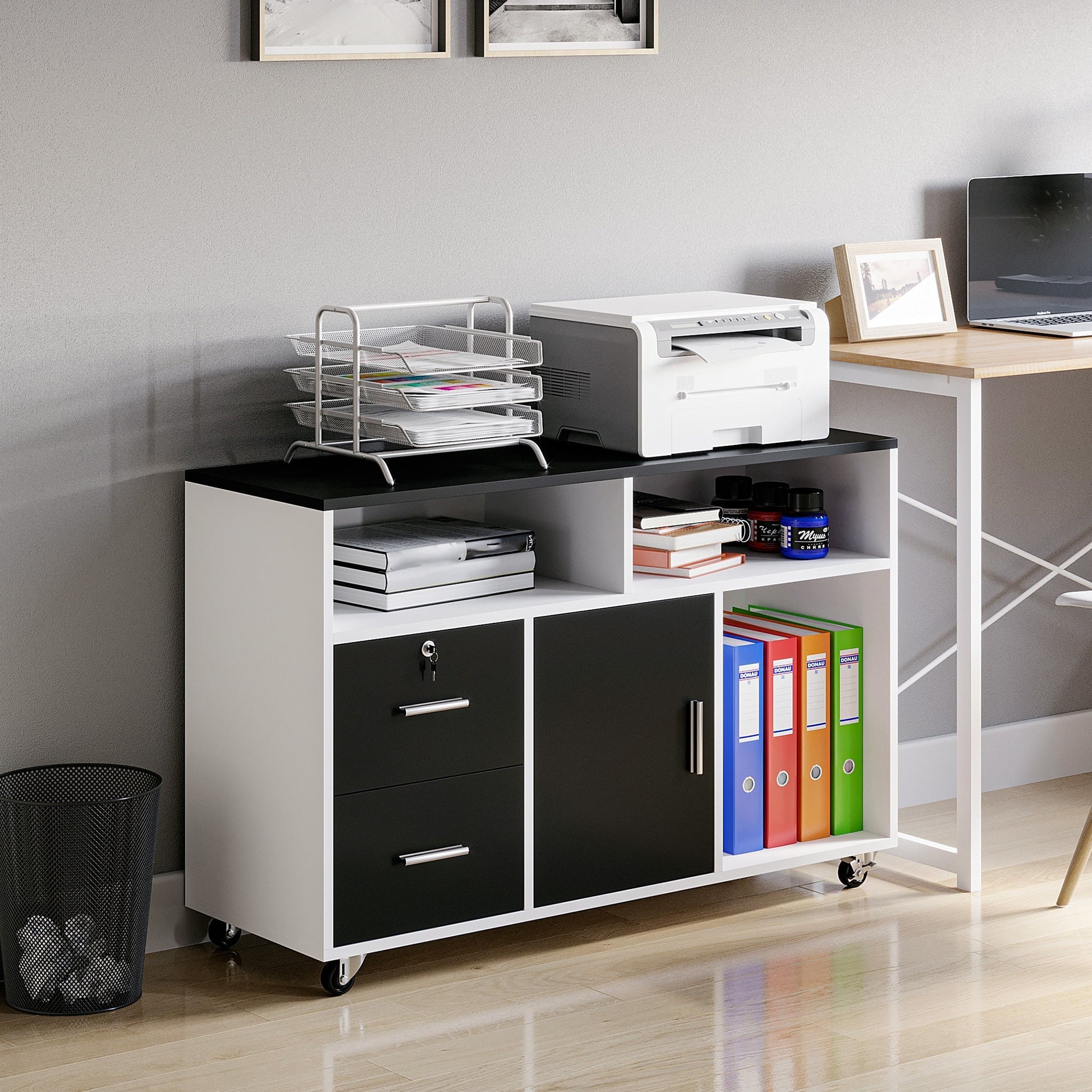 Mobile Printer Porta With Drawers Multiuse Black And White Cabinet - Borgè