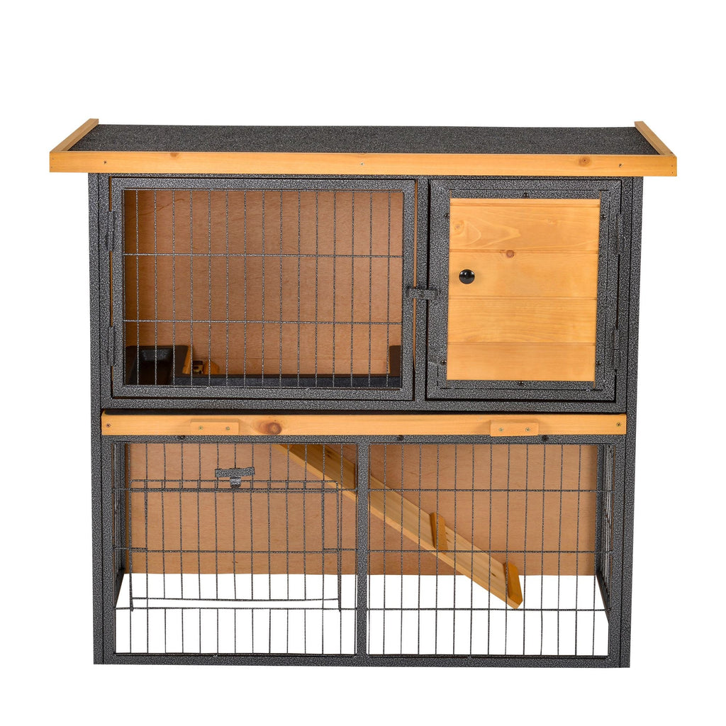 Rabbit Cage with Ramp and Open Area, 2-Tier Wooden and Metal Rabbit Hutch, Light Yellow, 89.5x45x81cm - Borge' Group Limited