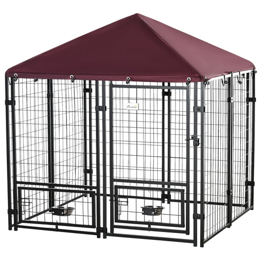 Pawhut Outdoor dog fence with lock, 2 swivel bowls and removable coverage, black and red - Borgè