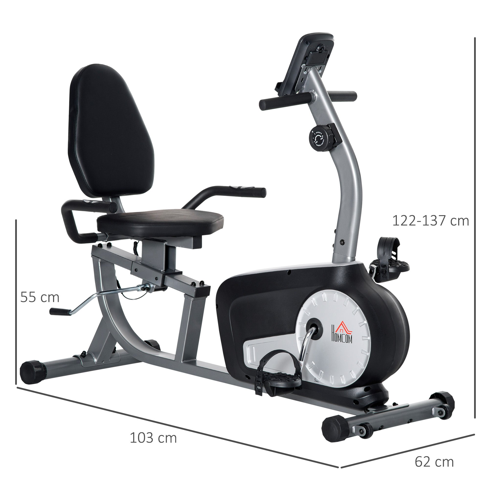 Cyclette horizontal Recumbent with 8 levels of resistance, LCD screen and adjustable seat, 122-137x62x103 cm - Borge' Group Limited