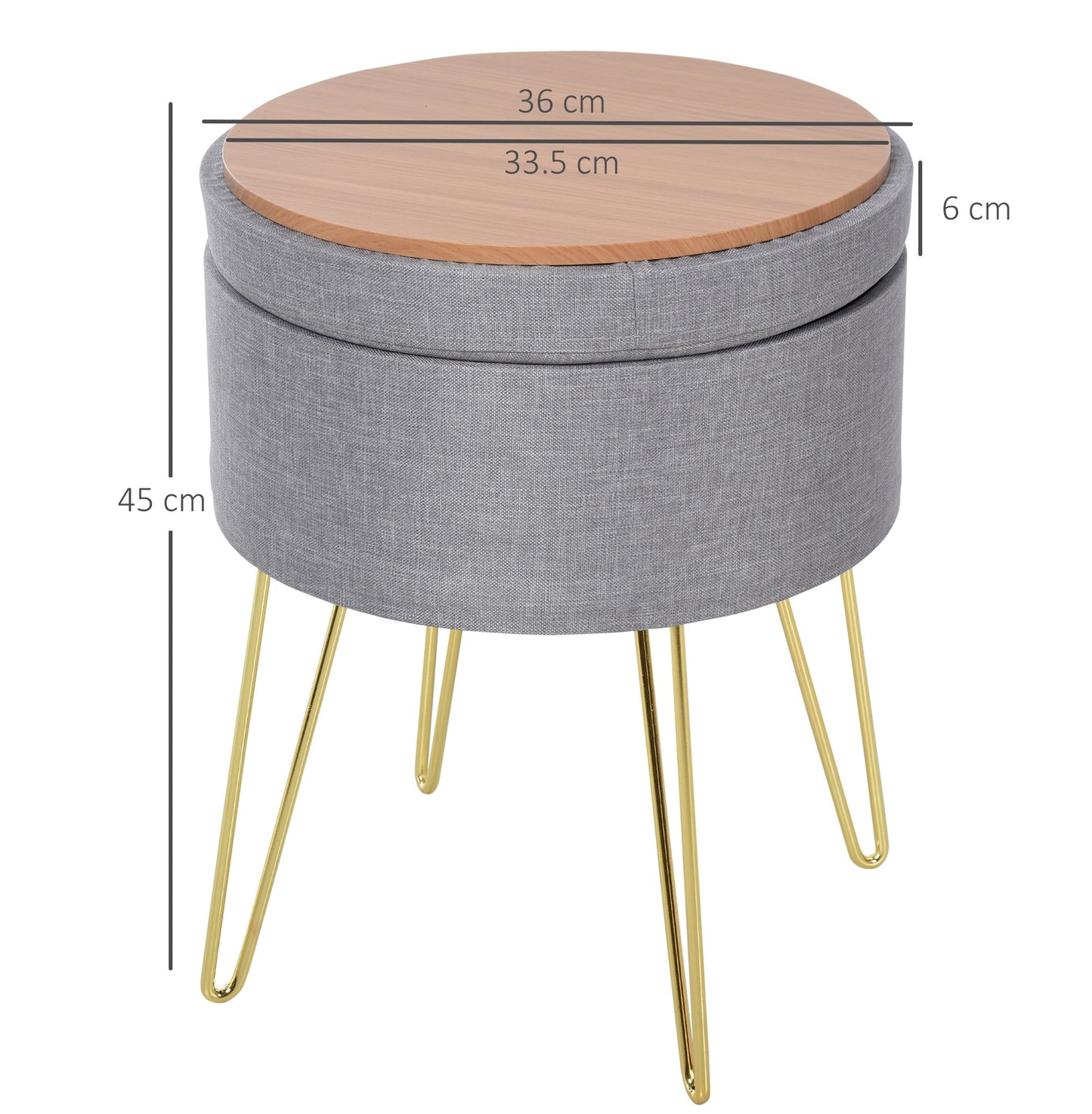 pouf container 2 in 1 with stool and table function, in wood and Grey fabric, metal with gold finish, 36x36x45cm - Borgè