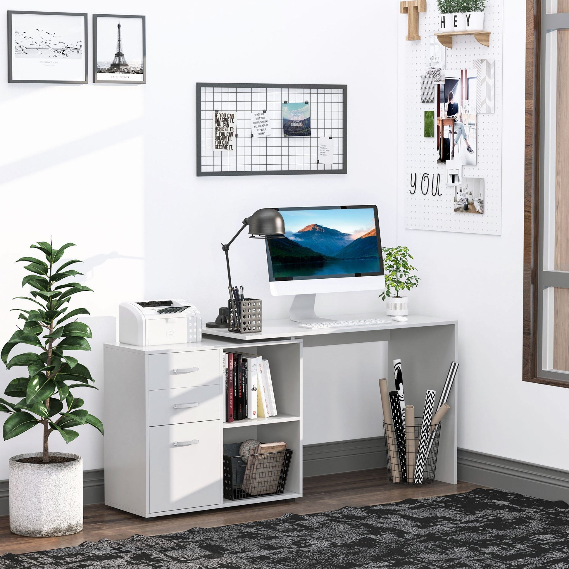 White Corner Desk for Office or Study Room with white chest of drawers - Borgè