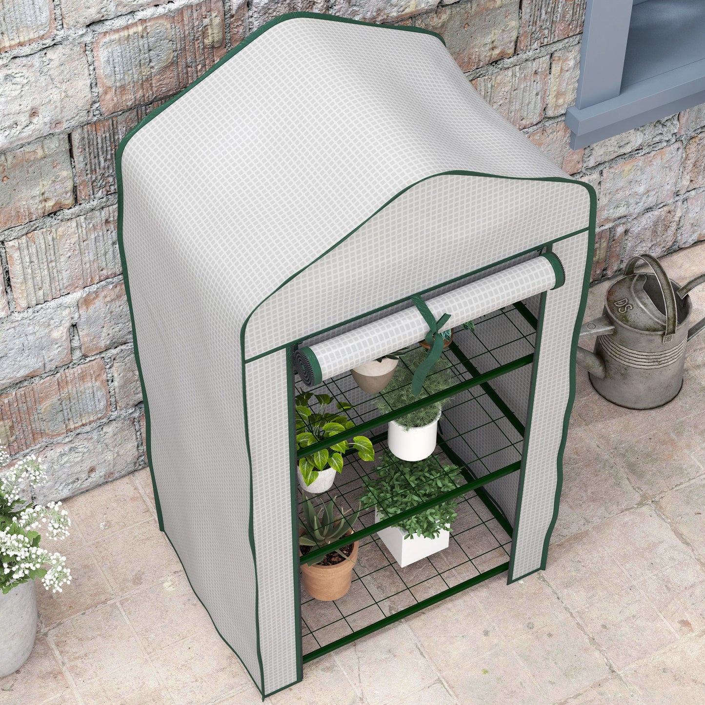 Outsunny mini garden greenhouse with pear coverage, 3 shelves and roller shutters, 59x39x127cm, white - Borgè