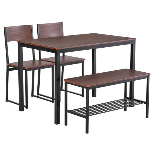 Set dining table with 2 industrial style chairs and 2 seater bench in wood and metal for living room and black and brown cuisine - Borgè