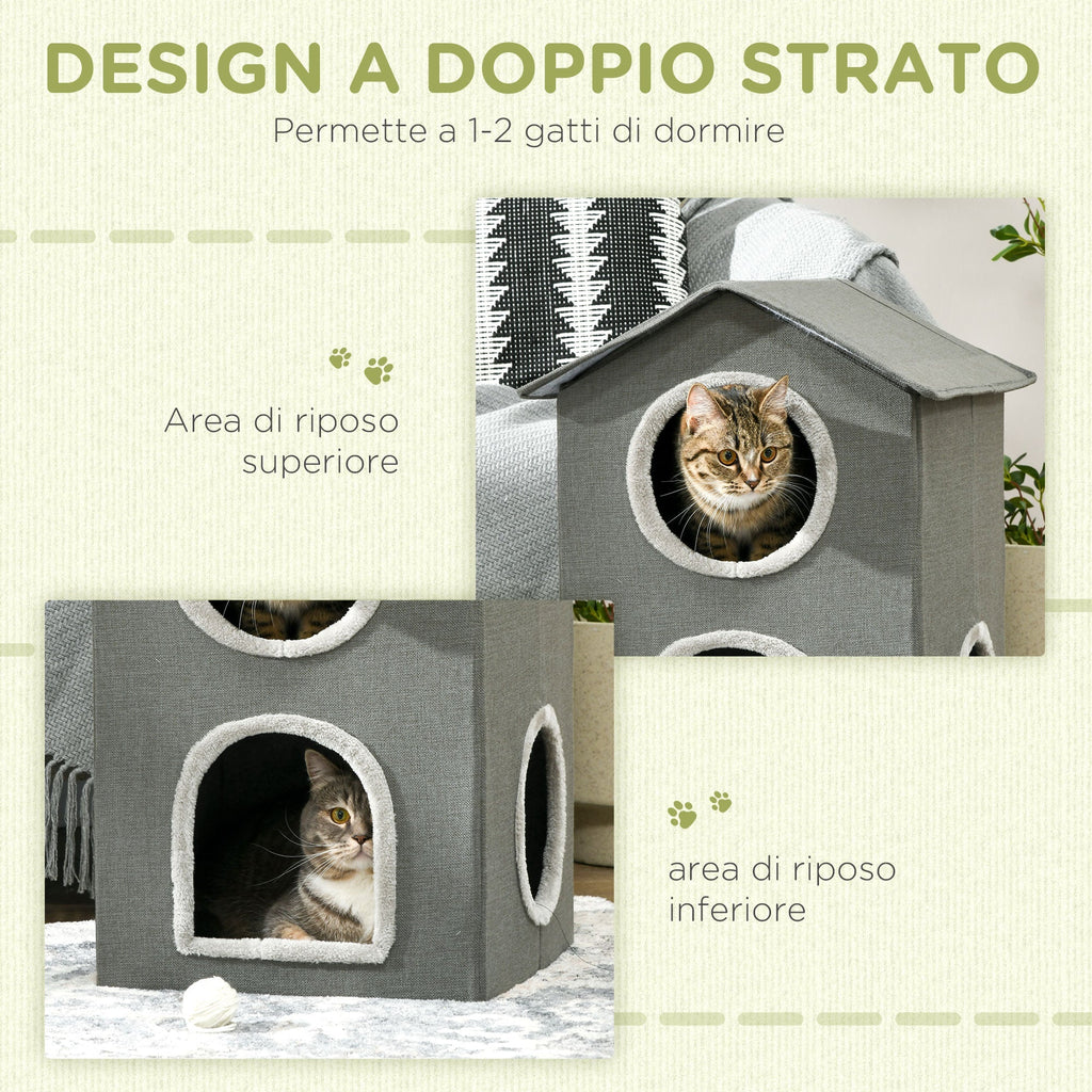 Two Level Cat House with Washable Cushions 3 Entrances, 42x46x59.5 cm, Grey - Borge' Group Limited