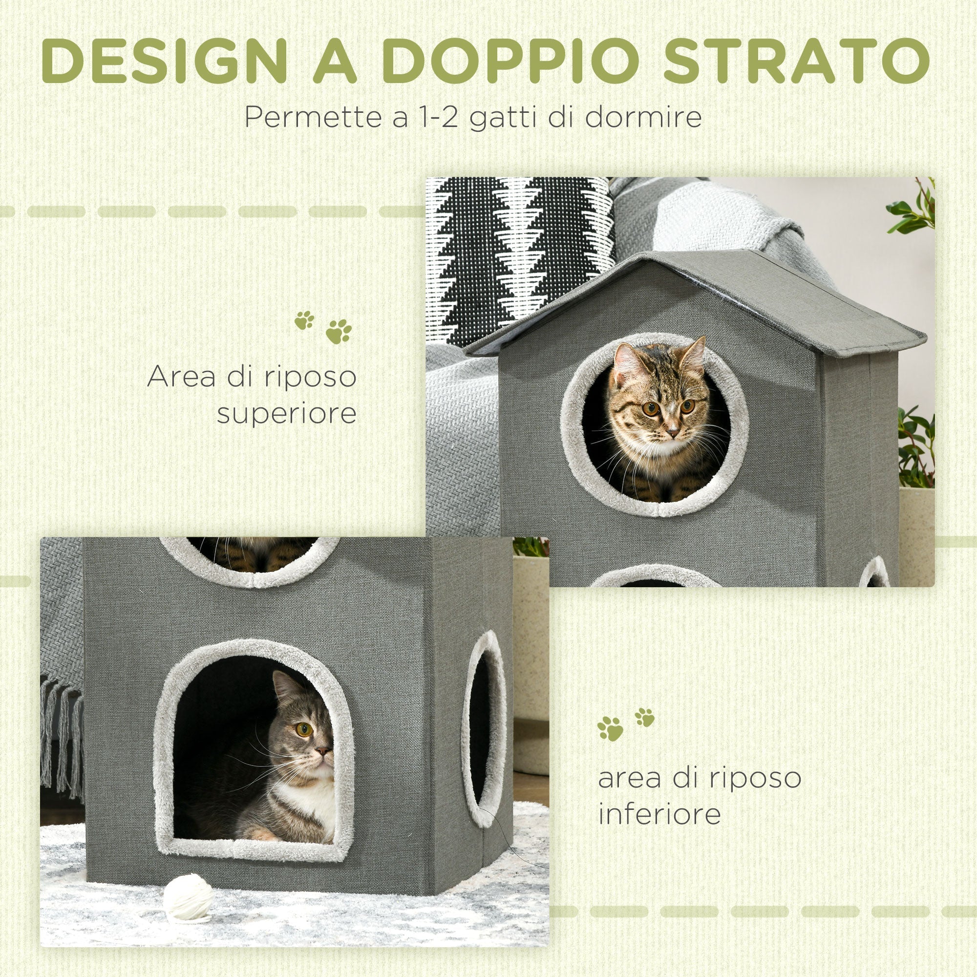 Two Level Cat House with Washable Cushions 3 Entrances, 42x46x59.5 cm, Grey - Borge' Group Limited