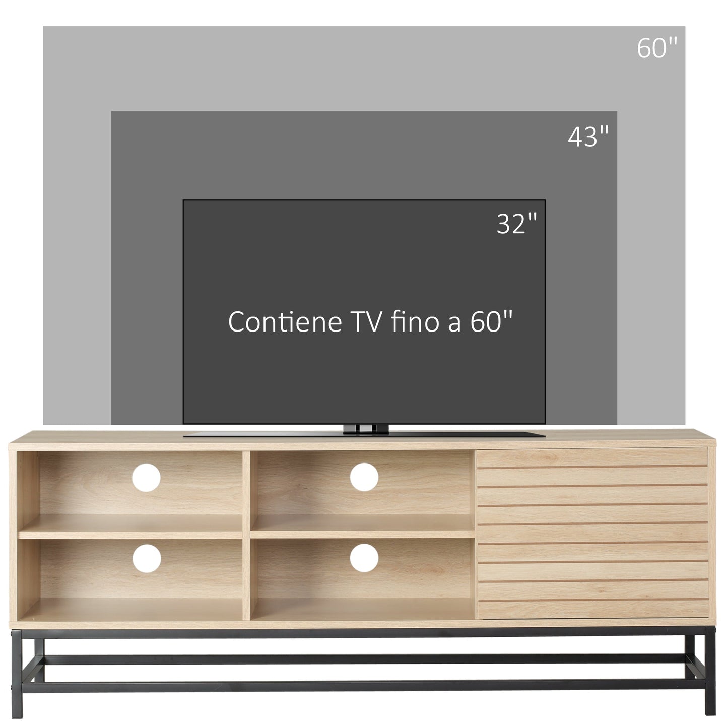 Modern TV Mobile for TV Max 60 "in MDF and steel with 4 open shelves and 2 -level locker, 140x40x55.3 cm - Borgè