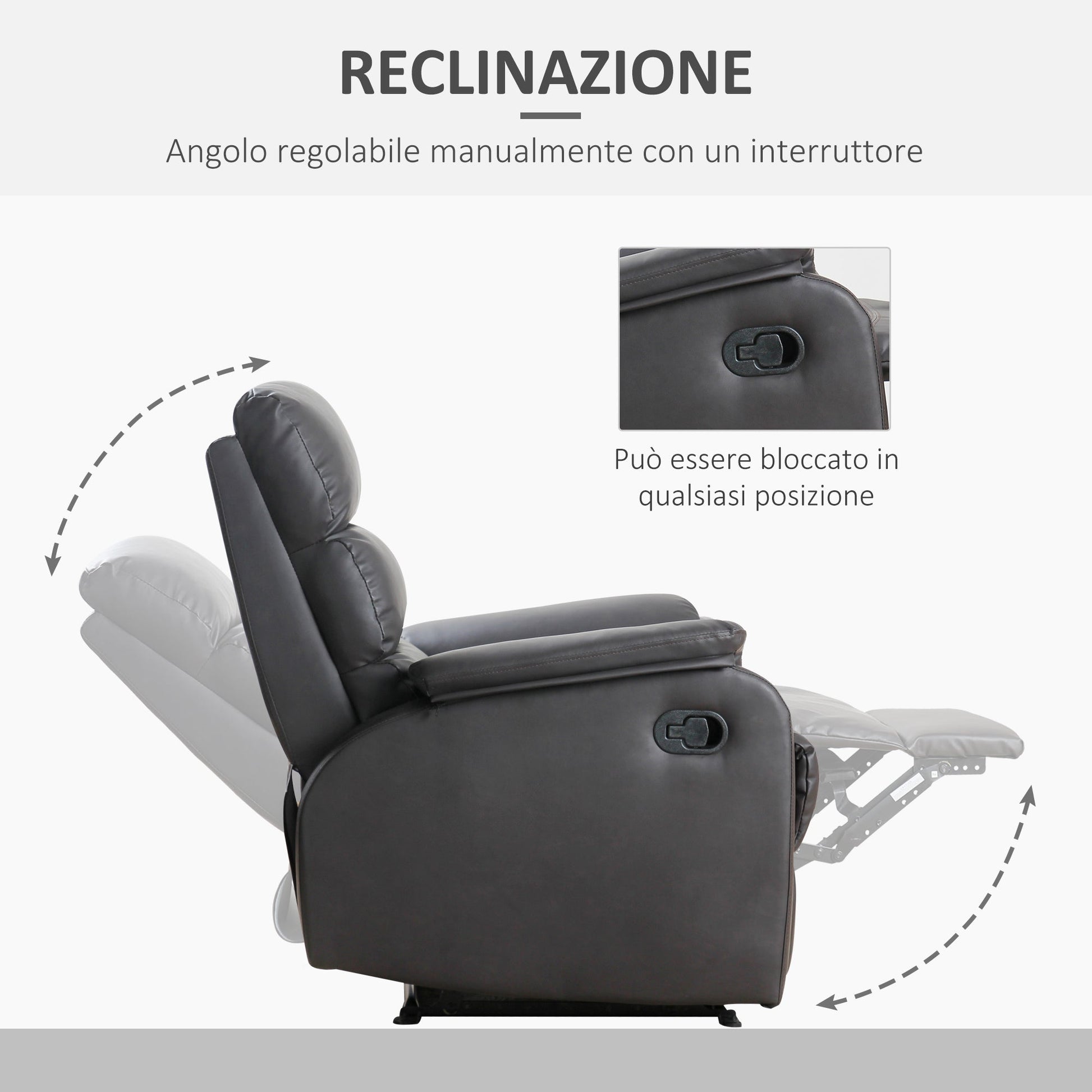 Relaxing Armchair For Interior, manually reclining with padded pillow, in the like and steel, 75x82x99 cm, brown - Borgè