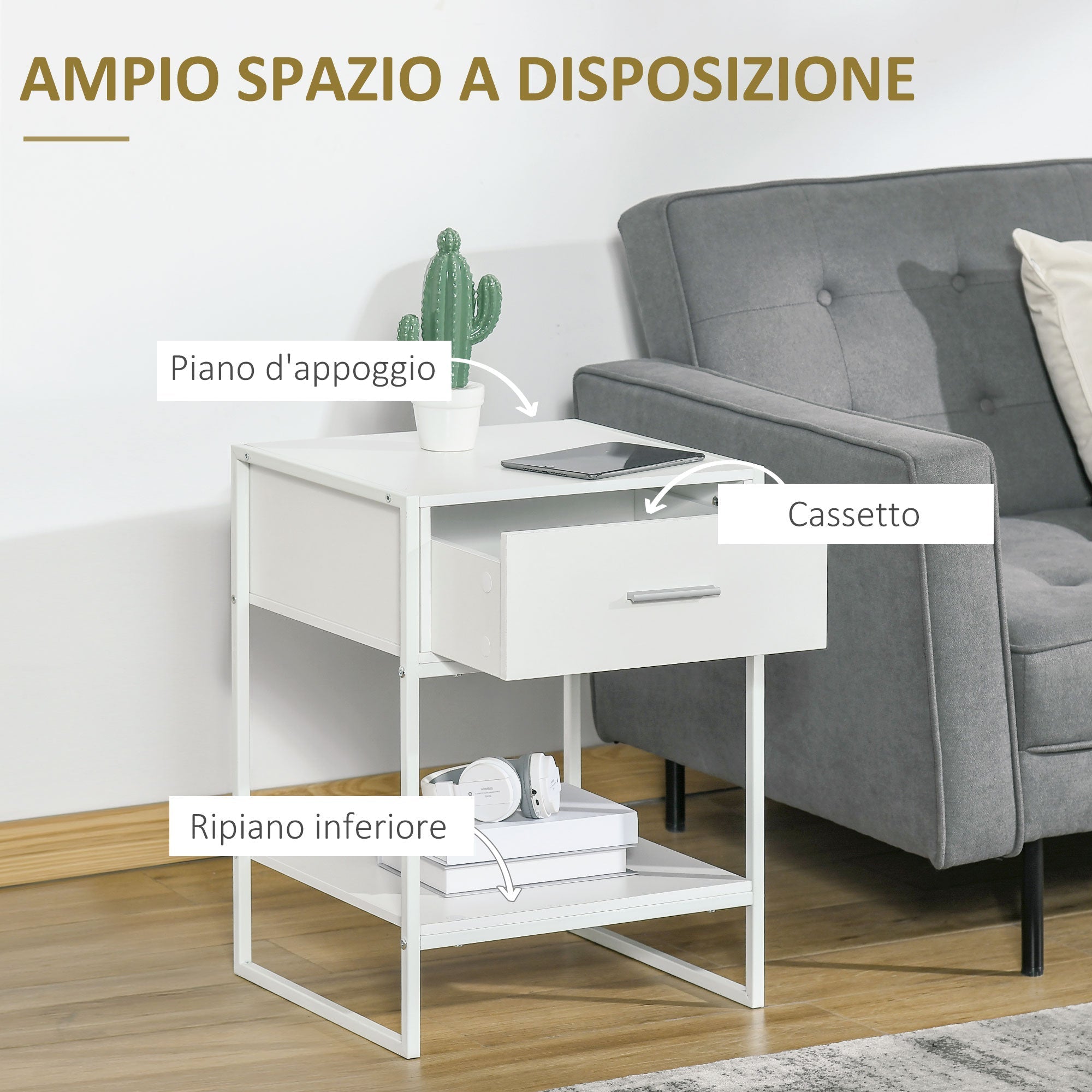 Modern bedside table set 2 pieces with drawer and open shelf, in mdf and steel, 45x40x60cm, white - Borgè