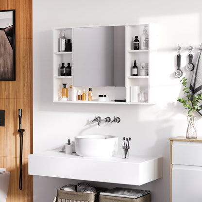 Kleankin Bathroom mirror with shelves and locker with mirrored door, 100x15x70cm, white - Borgè