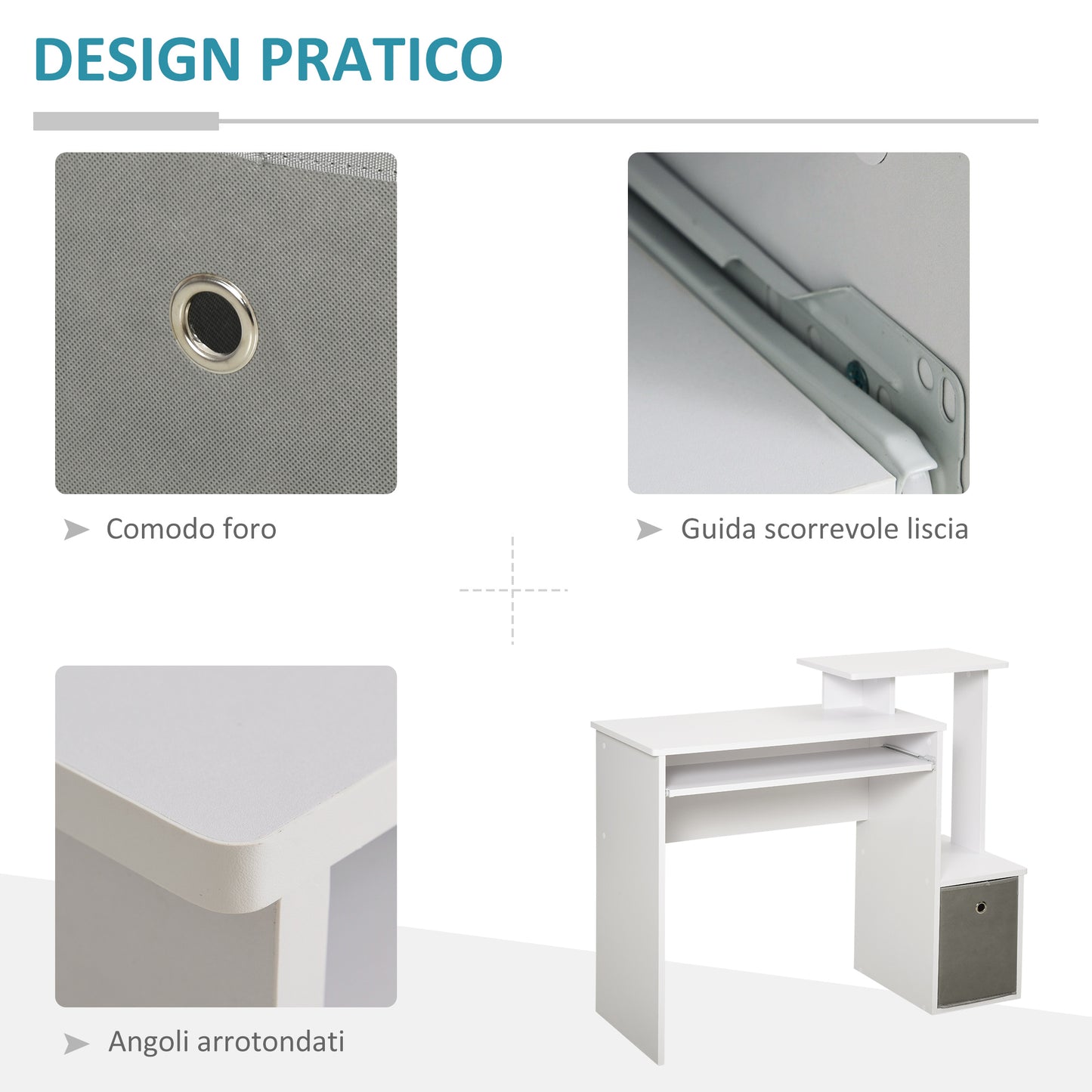 Homcom computer desk with keyboard holder, shelter and drawer in fabric, in wood, 100x40x86.6cm, white - Borgè