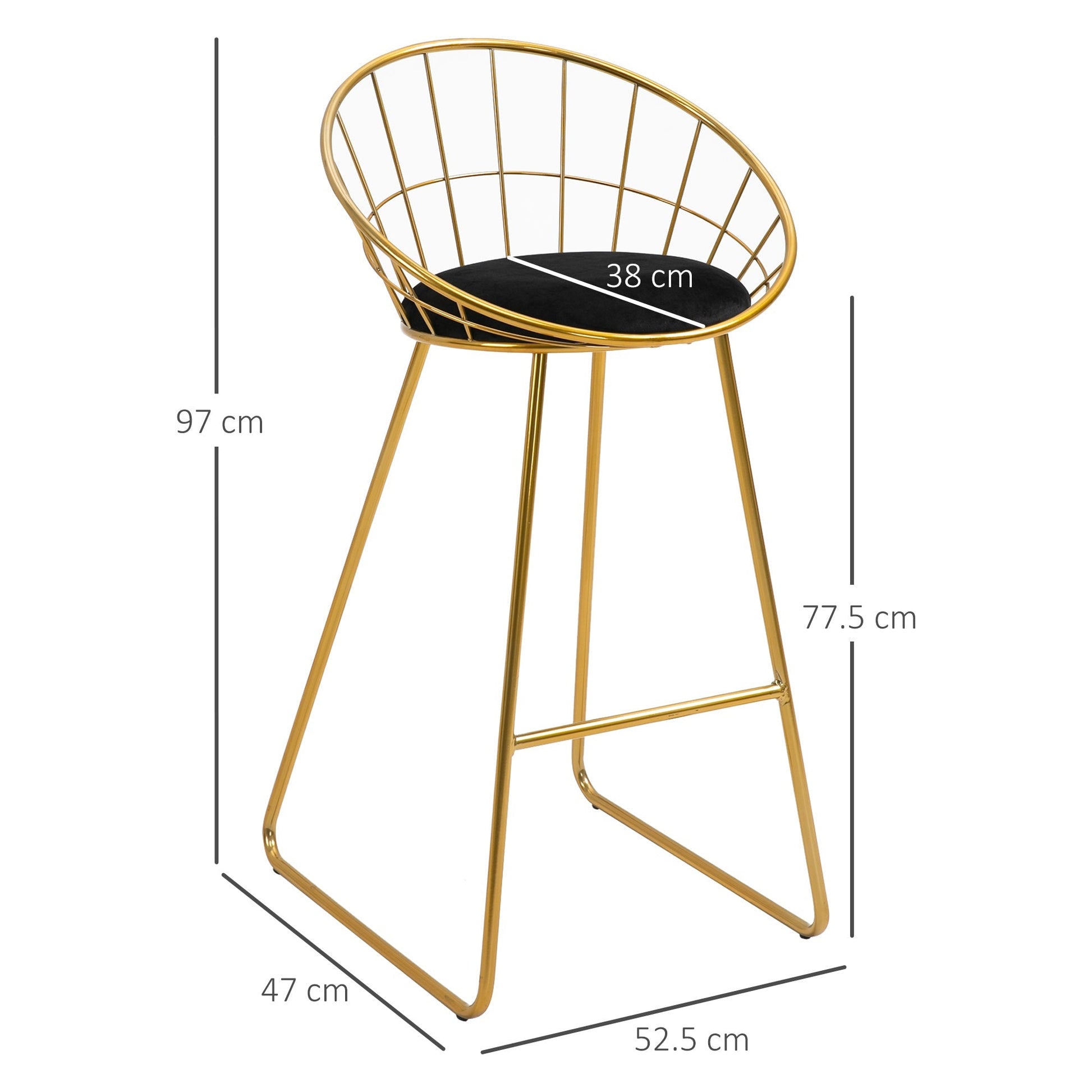 GOLDENBAR | Set of 2 High Bar Stools with Velvet Cushion - Borgè