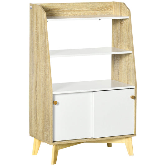 Mobile from living room with 2 levels open shelf and 2 -door locker, in chipboard and pine wood, 58x30x93 cm