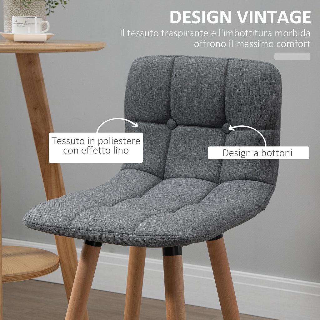 Set 2 bar stools with back and footrests, padded seat in fabric and wooden legs - Grey - Borgè
