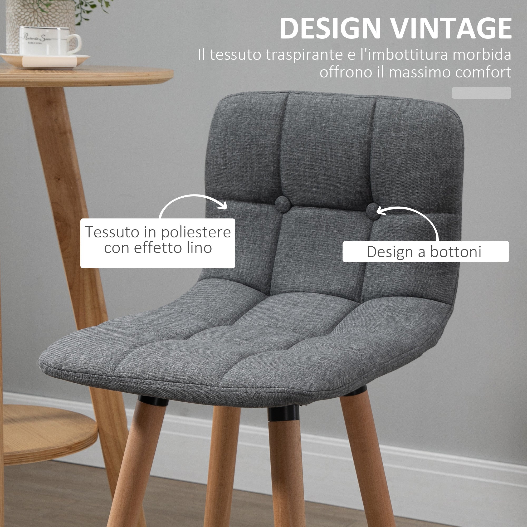 Set 2 bar stools with back and footrests, padded seat in fabric and wooden legs - Grey - Borgè